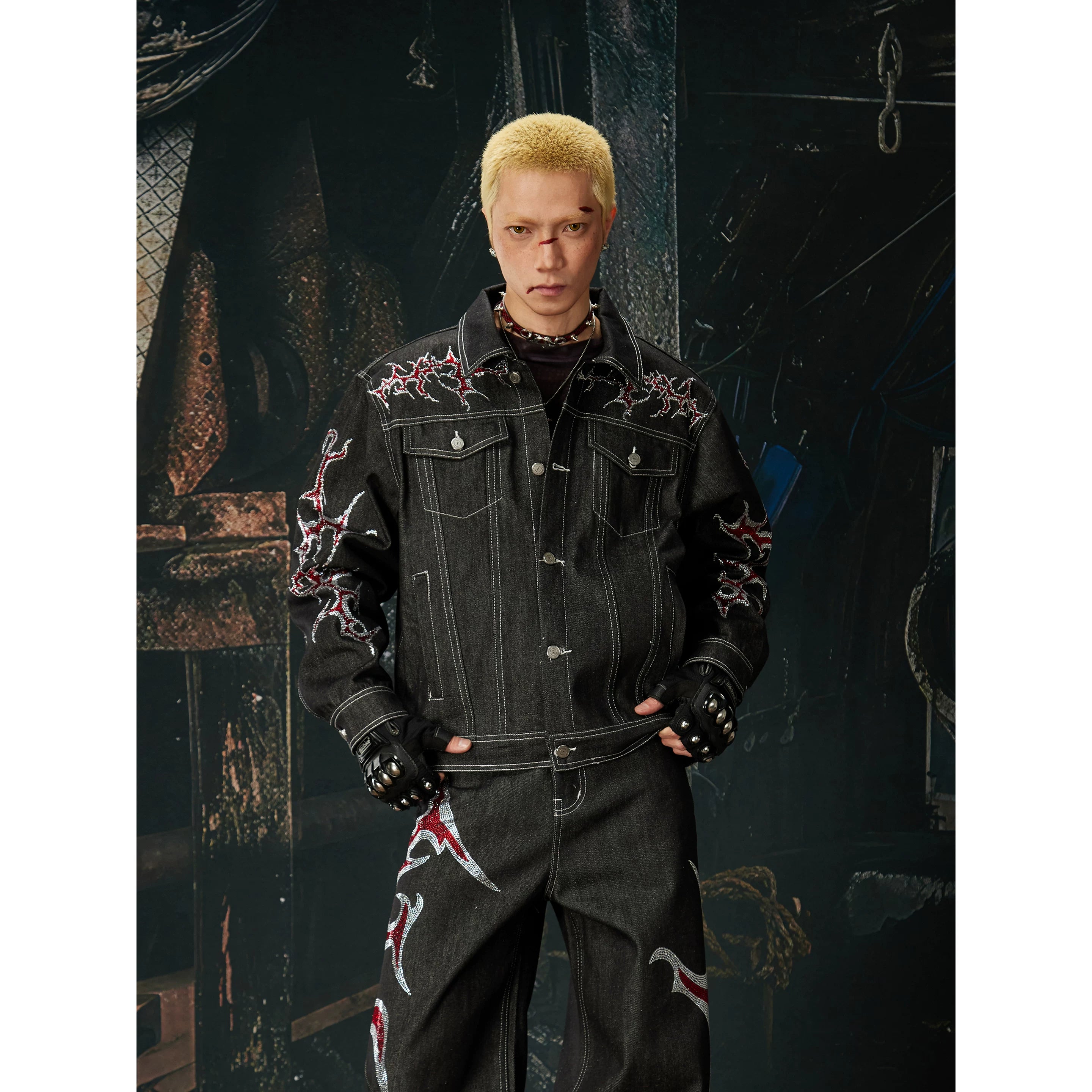 Unmanned island light Asia y2k high street hot stamping original cow loose short denim jacket jeans