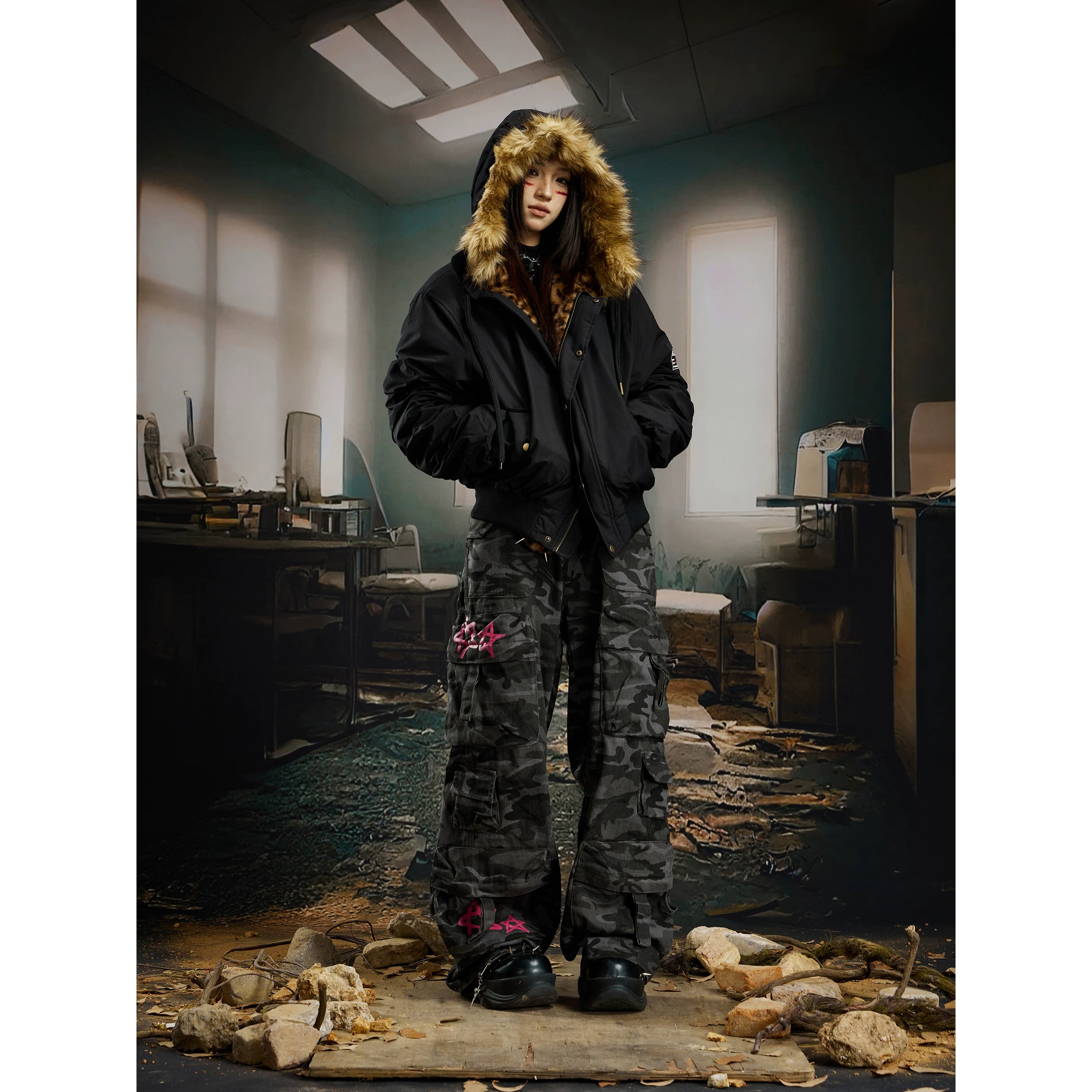 Unmanned Island Leopard Pattern Splicing Hairy Hoodie Mountain Carving Cotton Jacket, Cotton Jacket, Loose Versatile Top