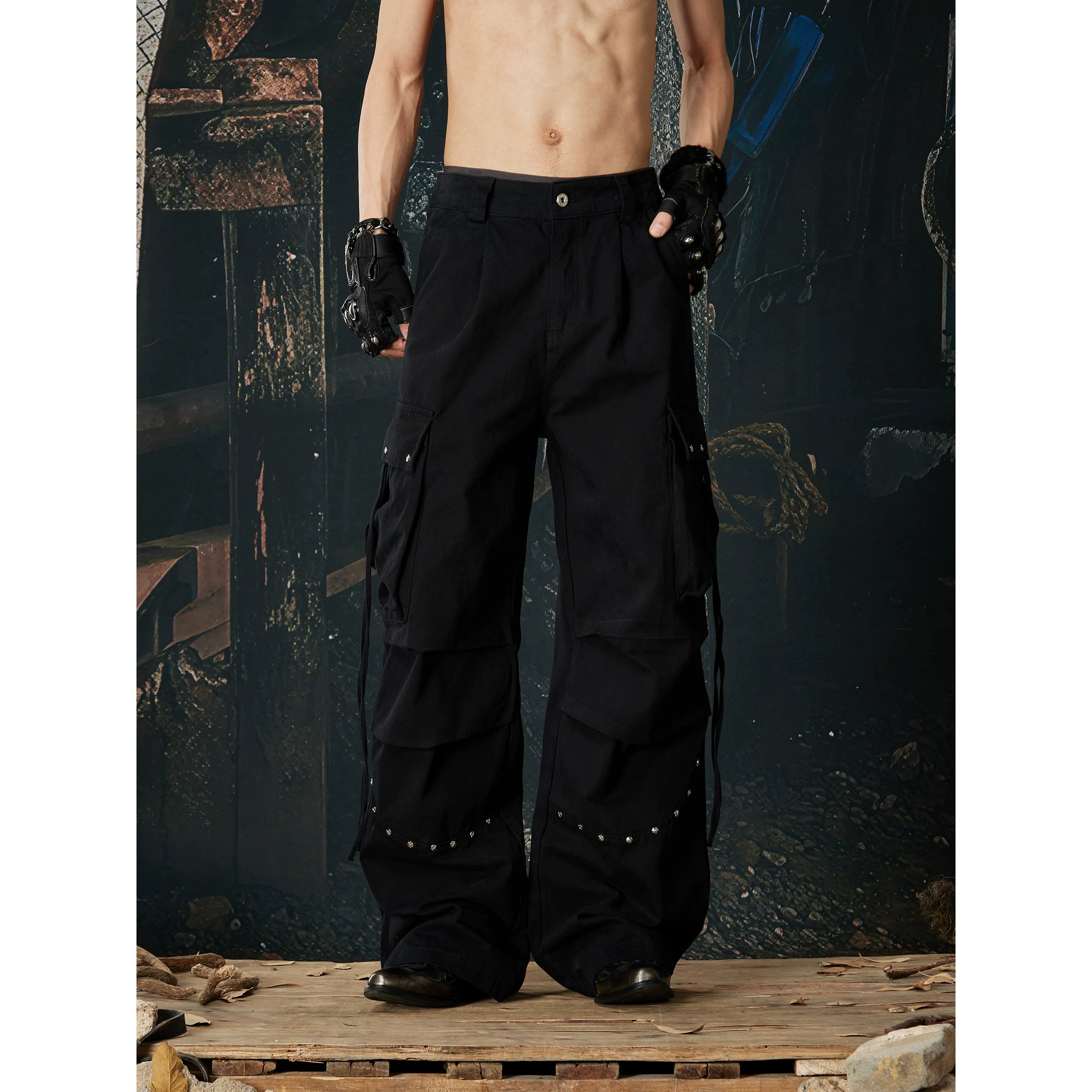 Unmanned island, high weight washed cotton, three-dimensional cutting and splicing, rivet drawstring work pants for men and women