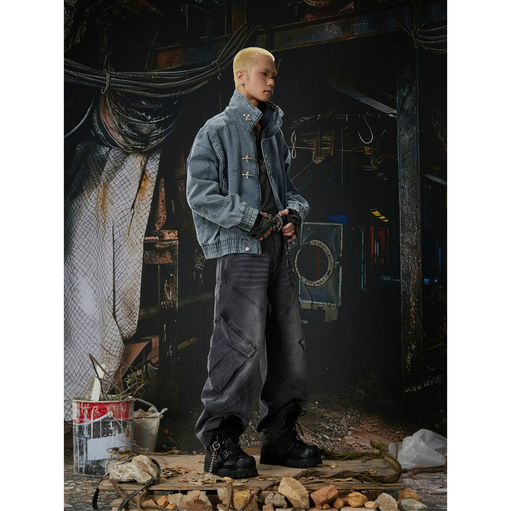 Unmanned Island New Product Waste Soil Used Workwear Stand up Collar Metal Aircraft Buckle Zipper Jacket Cowboy Jacket
