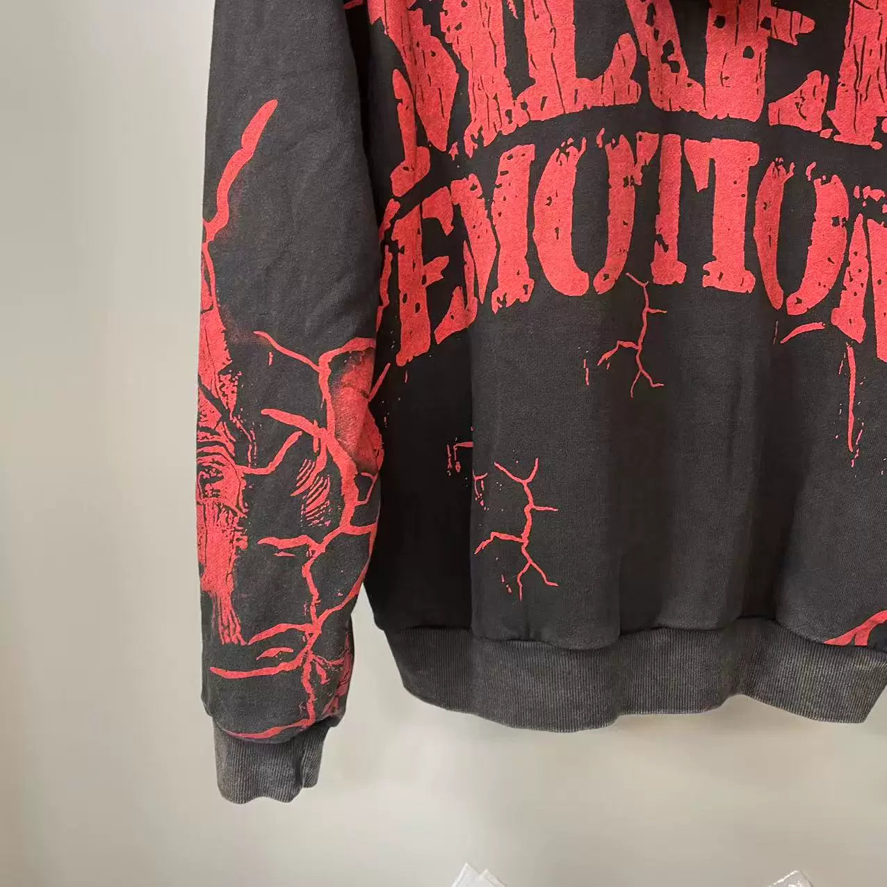 MIXED EMOTION Distressed Allover Print Zip Hoodie