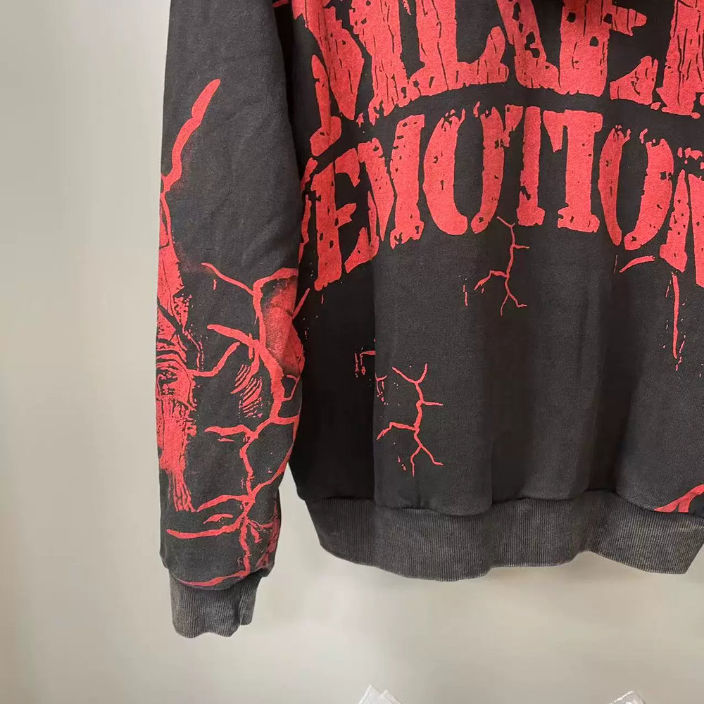 MIXED EMOTION Distressed Allover Print Zip Hoodie