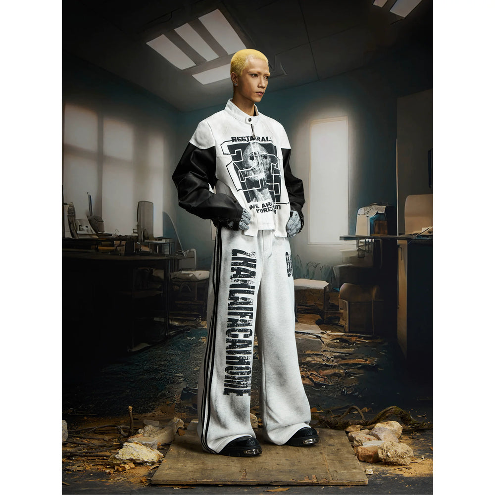 Unmanned island retro washed skull digital print splicing stand up collar PU leather jacket jacket jacket