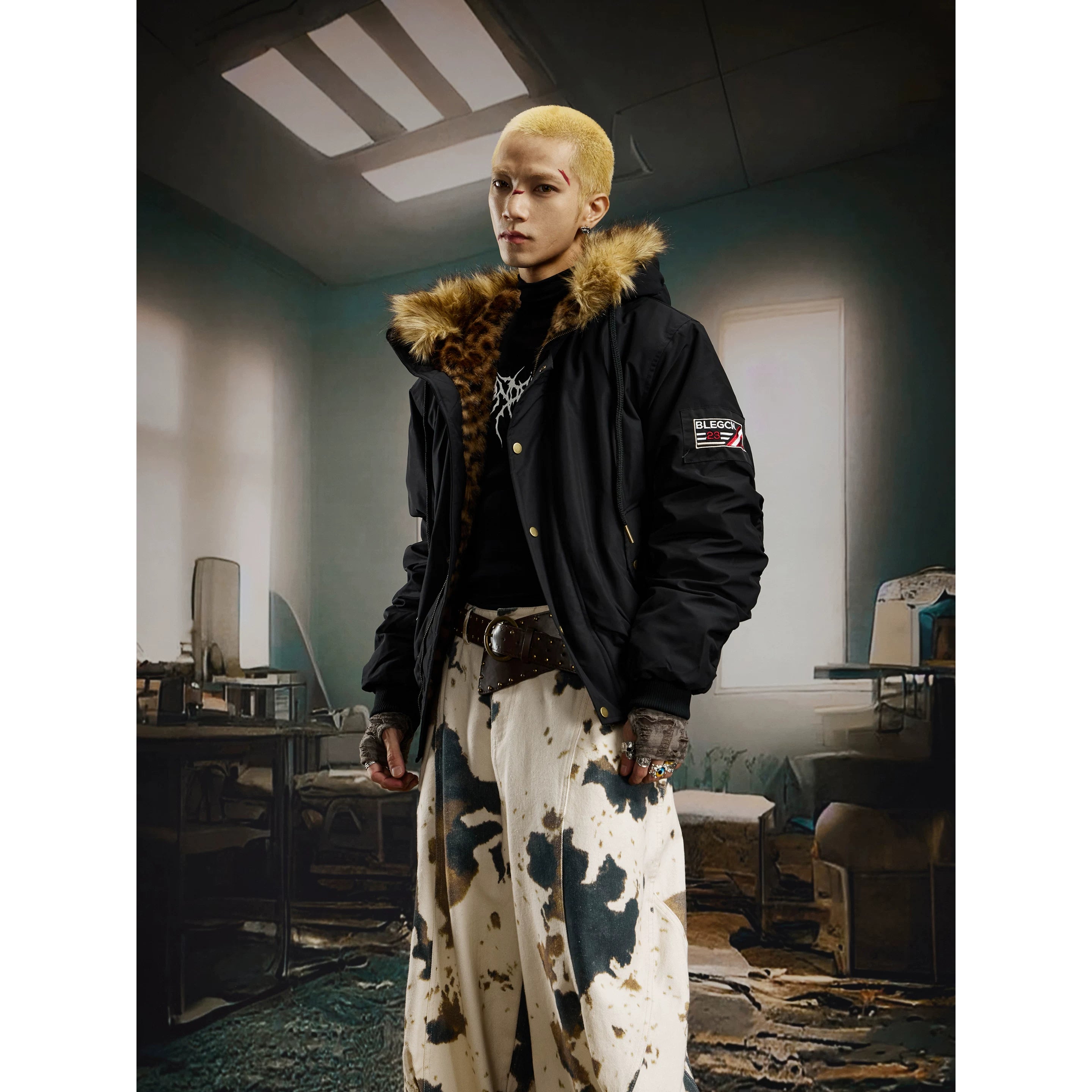 Unmanned Island Leopard Pattern Splicing Hairy Hoodie Mountain Carving Cotton Jacket, Cotton Jacket, Loose Versatile Top