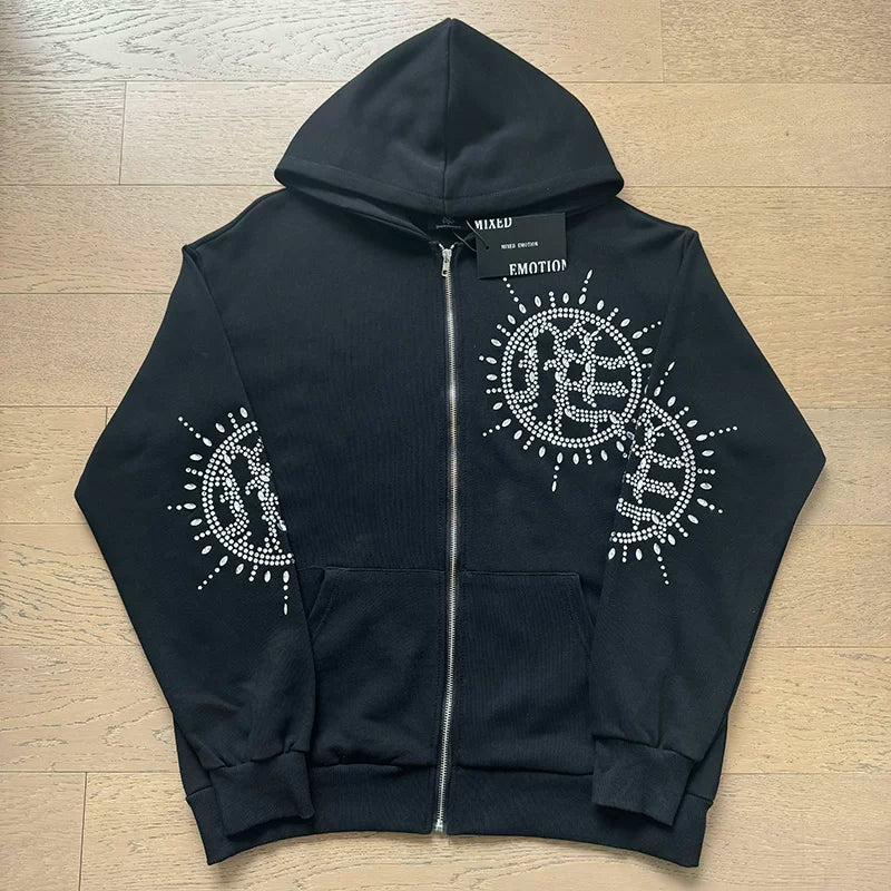 MIXED EMOTION Rhinestone Logo Hooded Sweatsuit Set