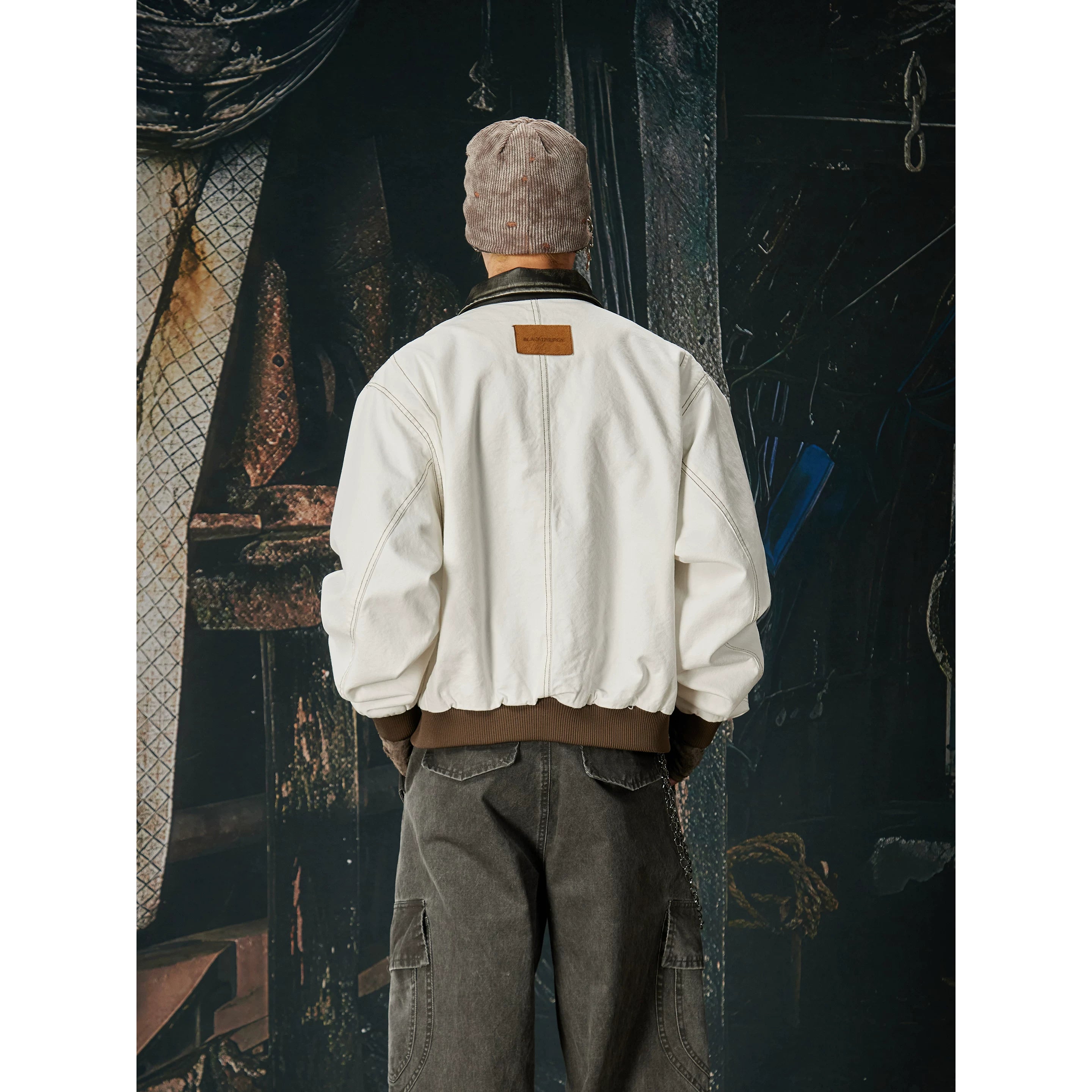 Unmanned Island New Product Retro Street Leather Collar Contrasting Colors Bright Thread Loose Short Width Workwear Zipper Jacket Coat