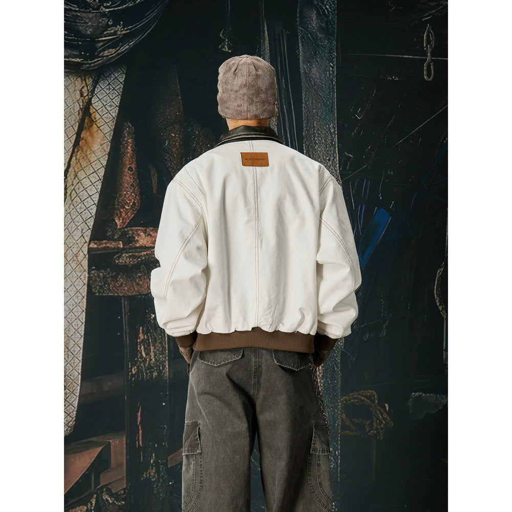 Unmanned Island New Product Retro Street Leather Collar Contrasting Colors Bright Thread Loose Short Width Workwear Zipper Jacket Coat