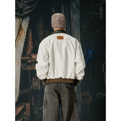 Unmanned Island New Product Retro Street Leather Collar Contrasting Colors Bright Thread Loose Short Width Workwear Zipper Jacket Coat