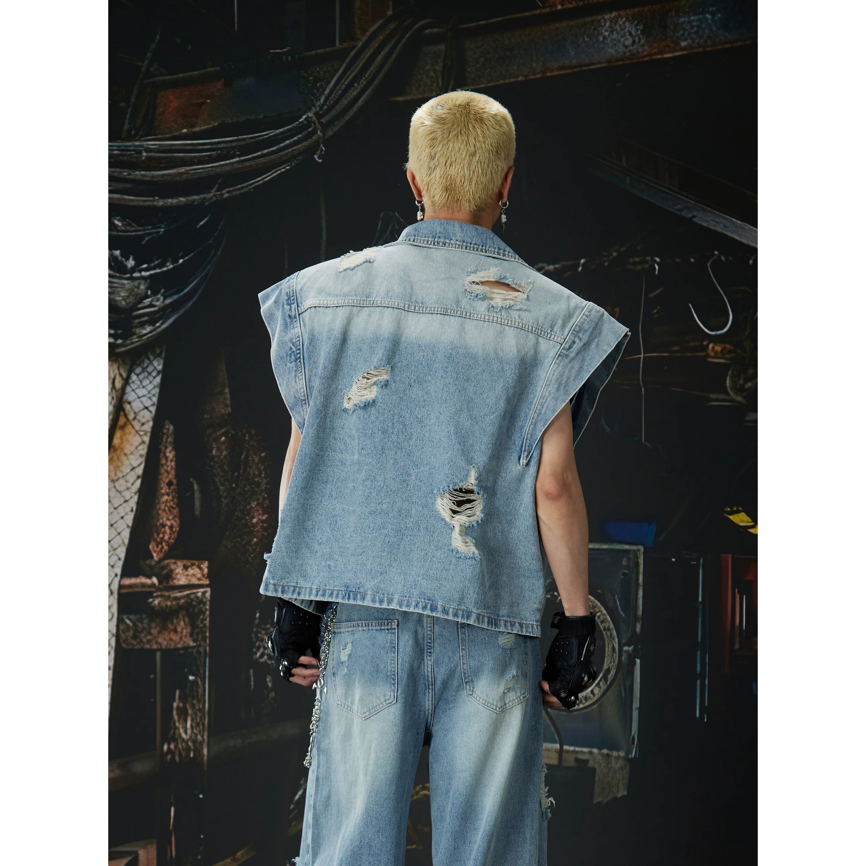 Unmanned Island New Product Light Asia Suit Gun Clash Collar Mix and Match Old Wear and Tear Washed Cowboy Vest Coat