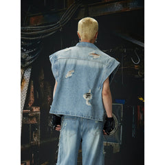 Unmanned Island New Product Light Asia Suit Gun Clash Collar Mix and Match Old Wear and Tear Washed Cowboy Vest Coat