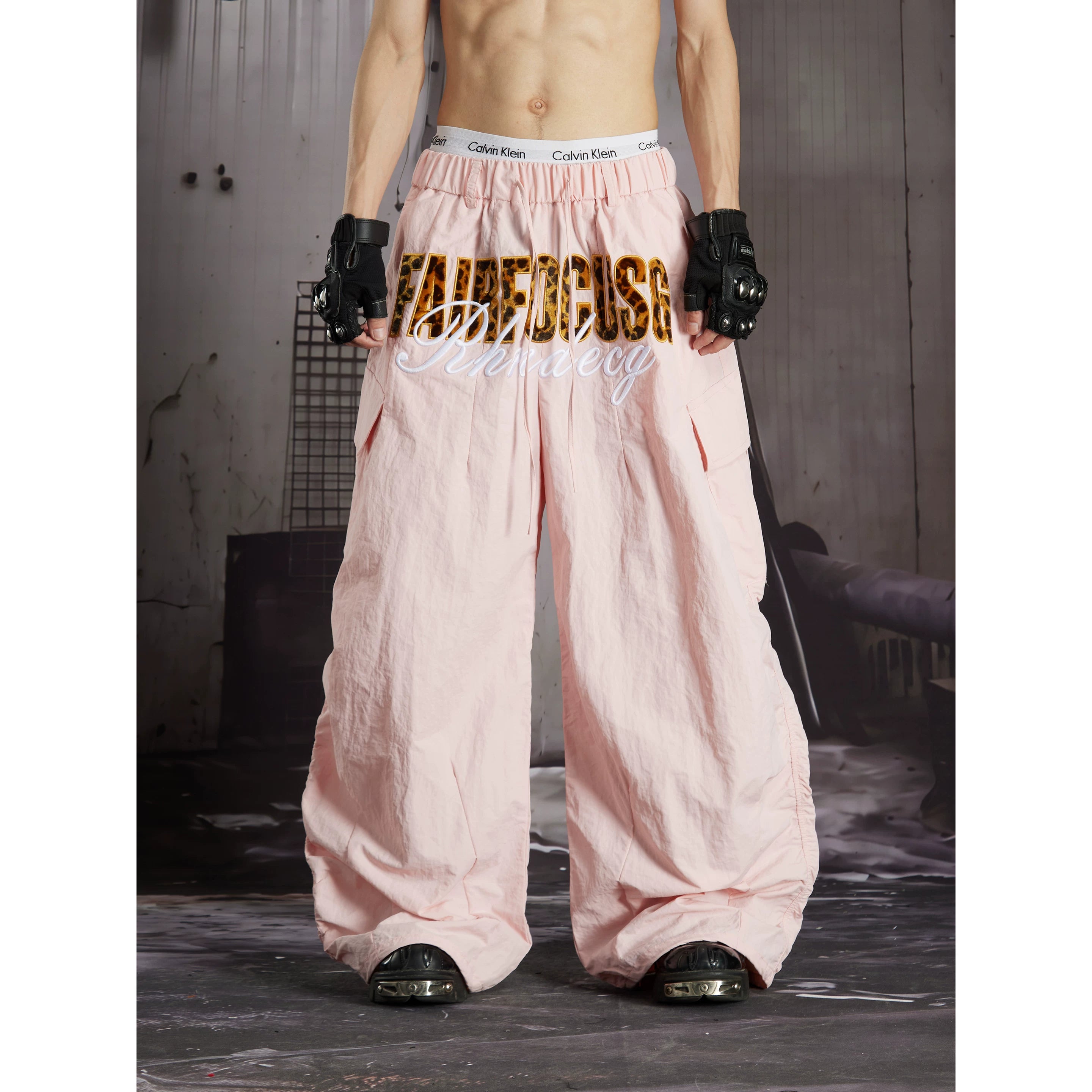 Unmanned Island American Ins Hip Hop Fashion Street Leopard Embroidered Multi Pocket Work Pants Wide Leg Parachute Pants