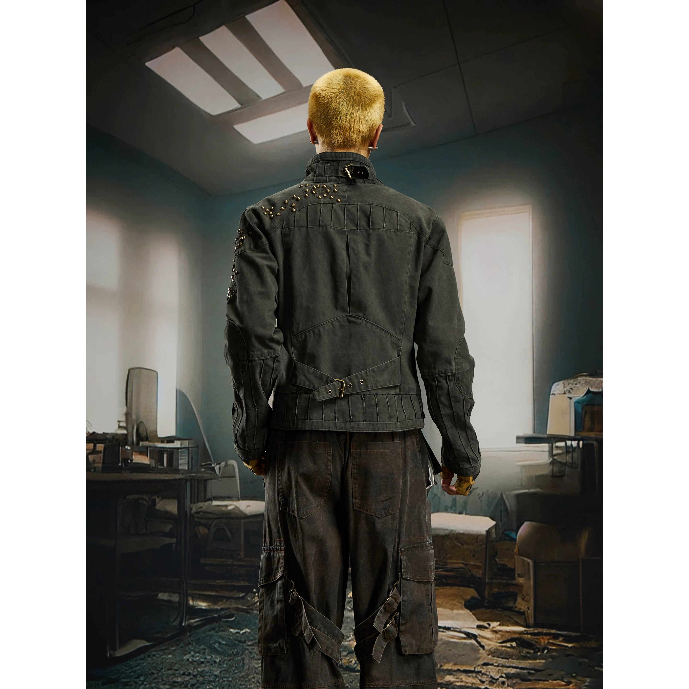 Unmanned island heavy industry, washing water, making old embroidery, antique copper rivets, short denim jacket, jacket, cotton clip for warmth