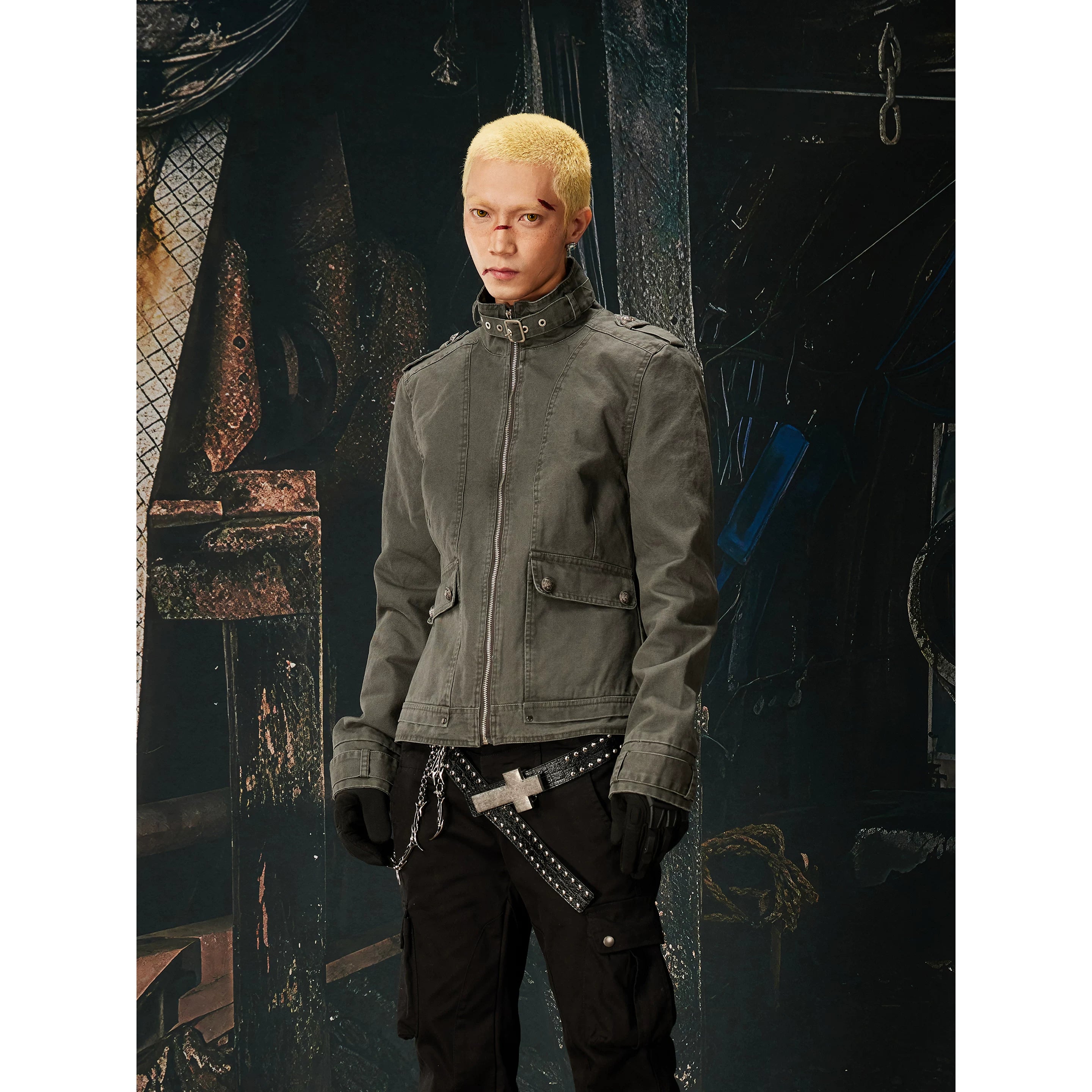Unmanned island new product retro punk workwear stand collar adjustable loop metal buckle zipper jacket jacket for men and women