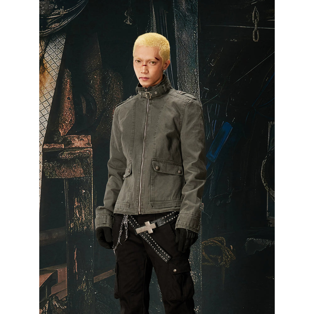 Unmanned island new product retro punk workwear stand collar adjustable loop metal buckle zipper jacket jacket for men and women