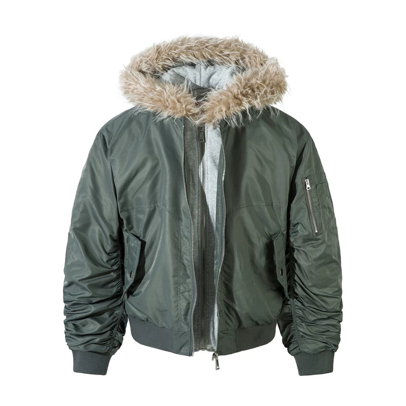 Aknife Winter Short Hair Collar Seat Mountain Carving Fake Two Piece Pilot Jacket
