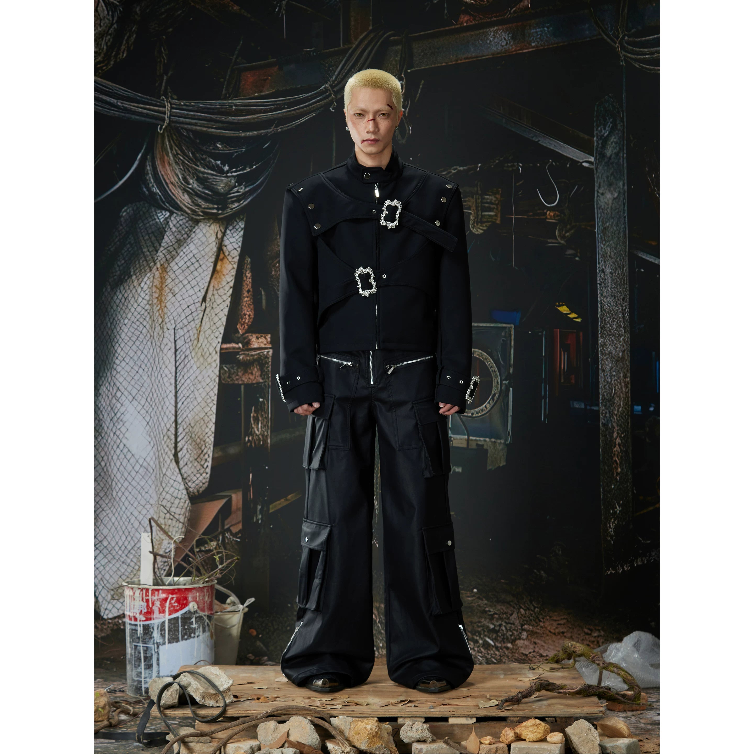 Unmanned island new product, high-end feeling, dark niche pioneer, deconstruction belt, short leather jacket, jacket, jacket