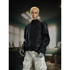 Unmanned island super handsome stand up collar high-end motorcycle jacket with spliced leather, contrasting color, spliced zipper jacket for men and women