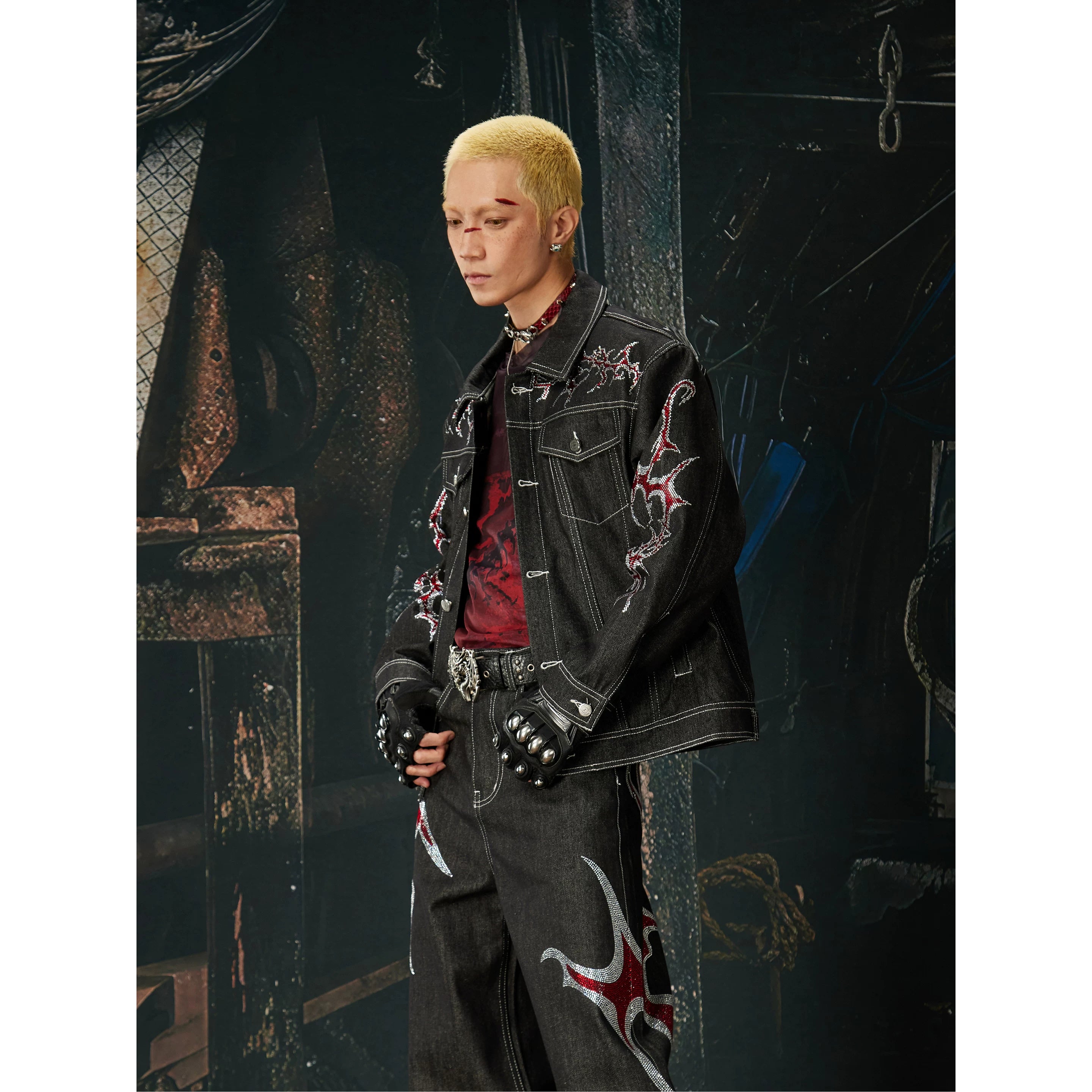 Unmanned island light Asia y2k high street hot stamping original cow loose short denim jacket jeans