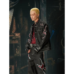 Unmanned island light Asia y2k high street hot stamping original cow loose short denim jacket jeans