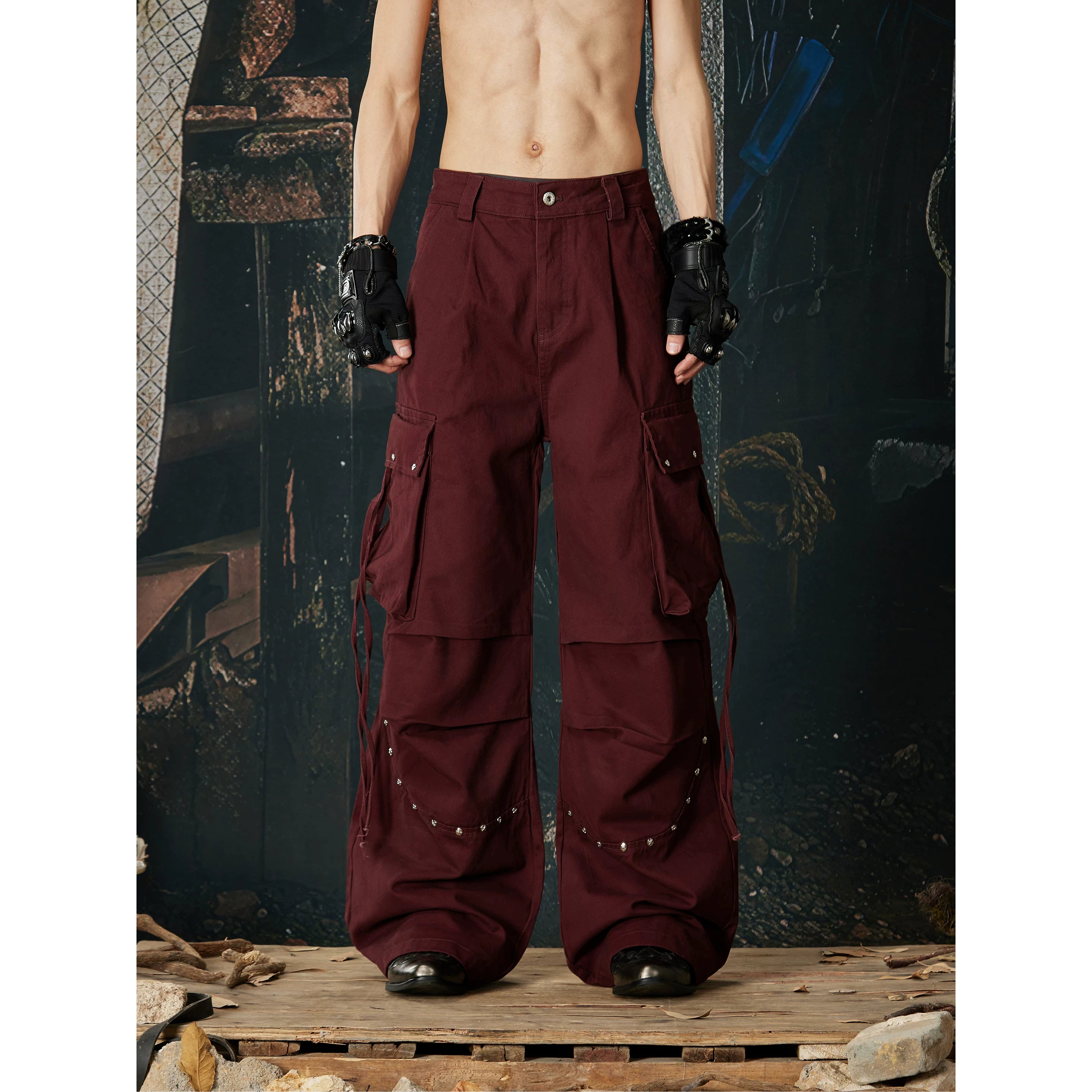 Unmanned island, high weight washed cotton, three-dimensional cutting and splicing, rivet drawstring work pants for men and women