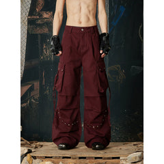Unmanned island, high weight washed cotton, three-dimensional cutting and splicing, rivet drawstring work pants for men and women