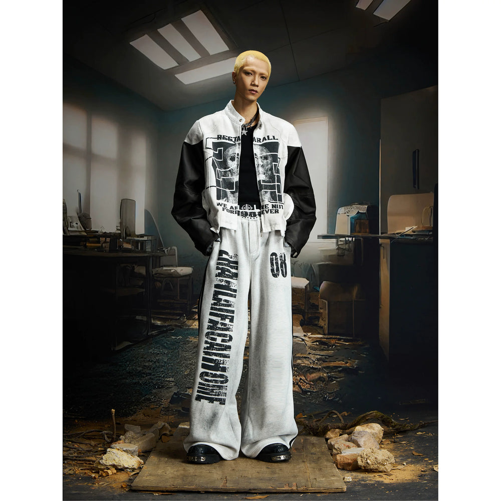 Unmanned island retro washed skull digital print splicing stand up collar PU leather jacket jacket jacket