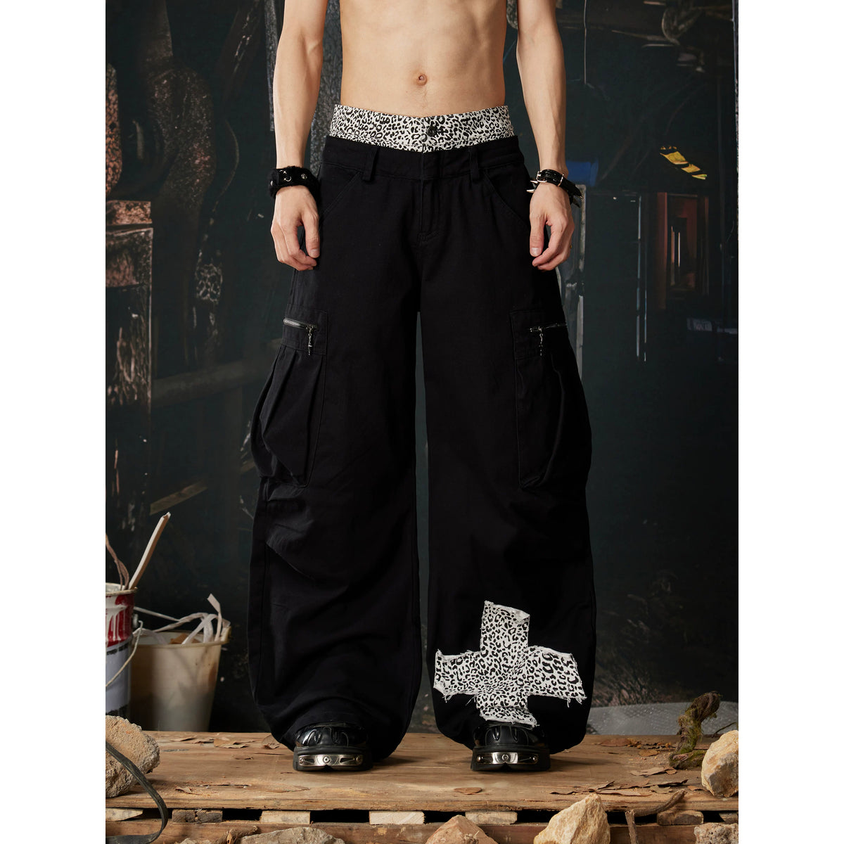 Unmanned Island New Product Leopard Pattern Double Waist Splicing y2k Light Asia Pure Cotton Three Dimensional Pocket Work Pants for Men and Women