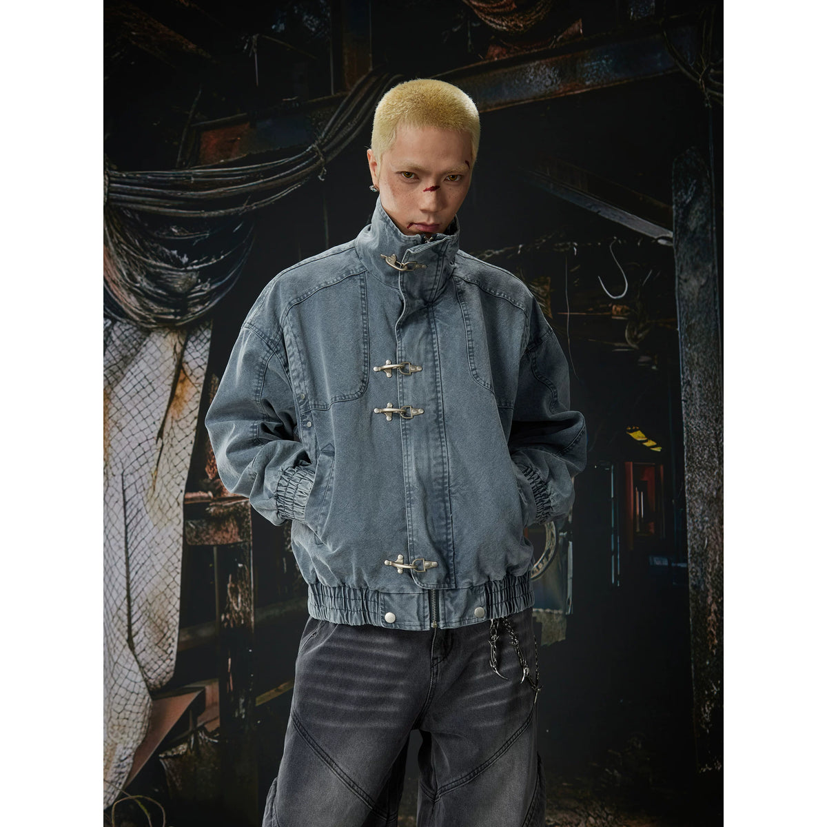 Unmanned Island New Product Waste Soil Used Workwear Stand up Collar Metal Aircraft Buckle Zipper Jacket Cowboy Jacket