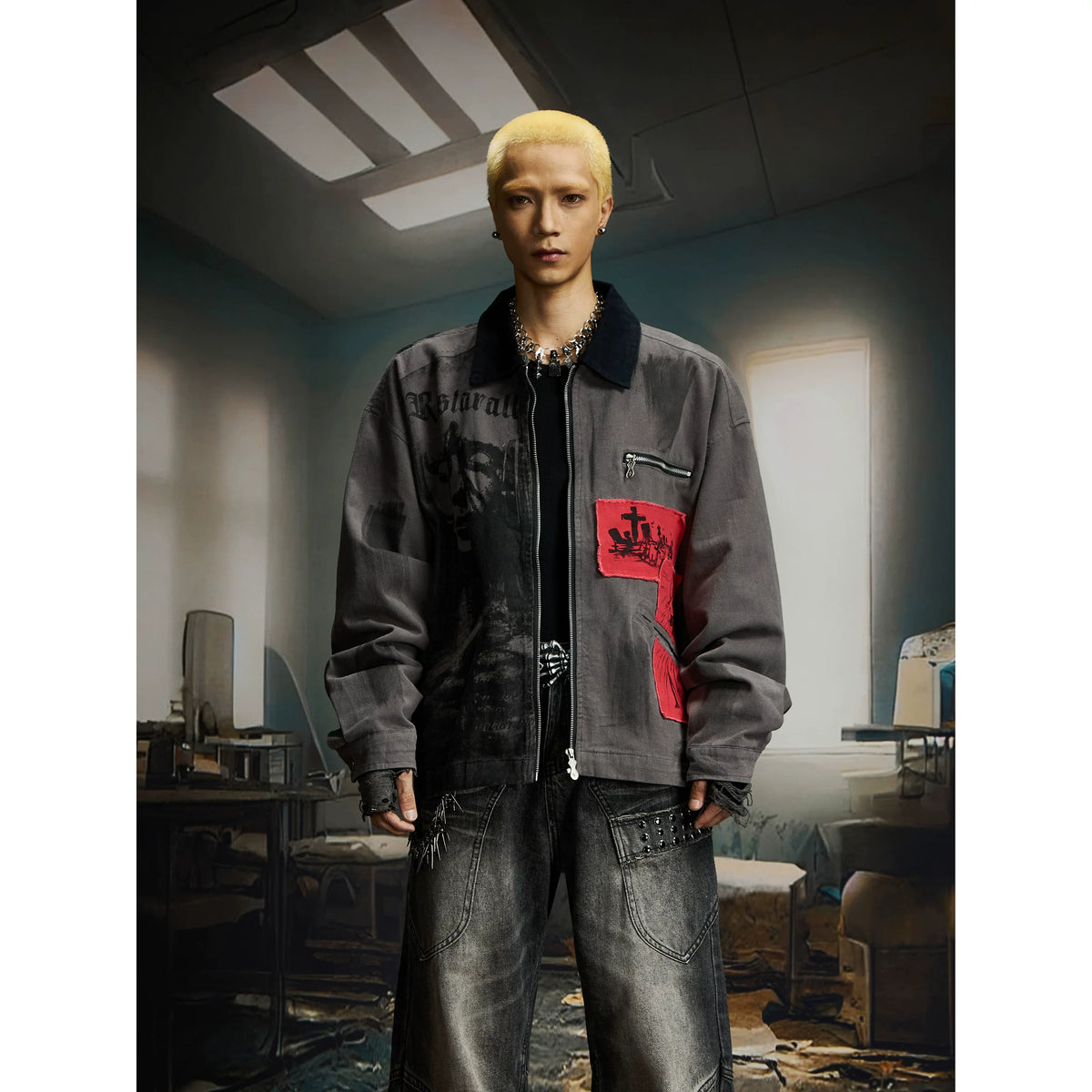 Unmanned island retro red and black washed patch denim digital spray painting Detroit jacket jacket top