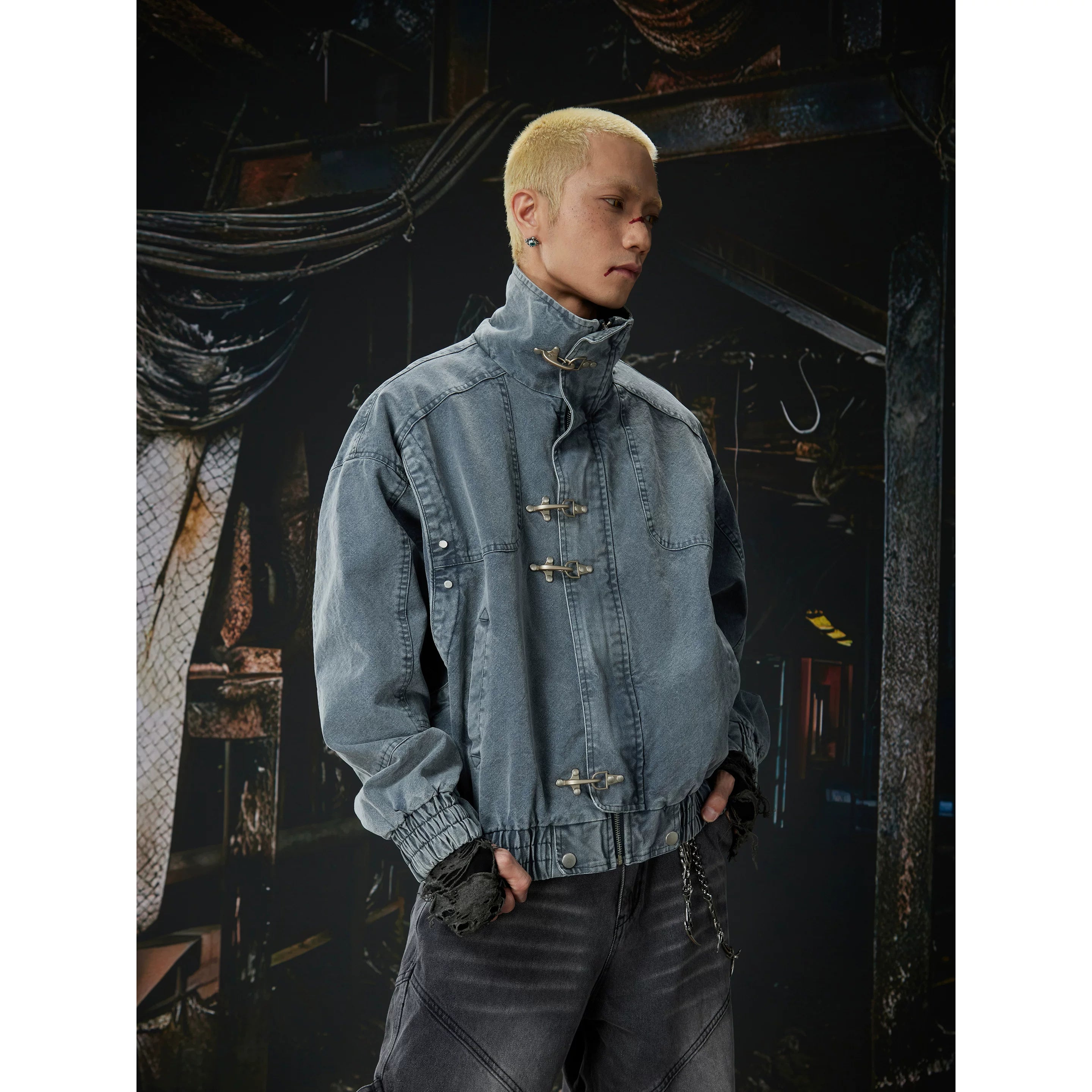 Unmanned Island New Product Waste Soil Used Workwear Stand up Collar Metal Aircraft Buckle Zipper Jacket Cowboy Jacket