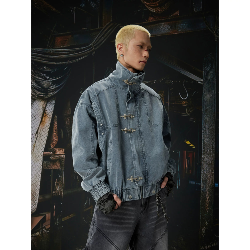 Unmanned Island New Product Waste Soil Used Workwear Stand up Collar Metal Aircraft Buckle Zipper Jacket Cowboy Jacket