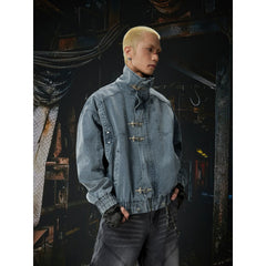 Unmanned Island New Product Waste Soil Used Workwear Stand up Collar Metal Aircraft Buckle Zipper Jacket Cowboy Jacket