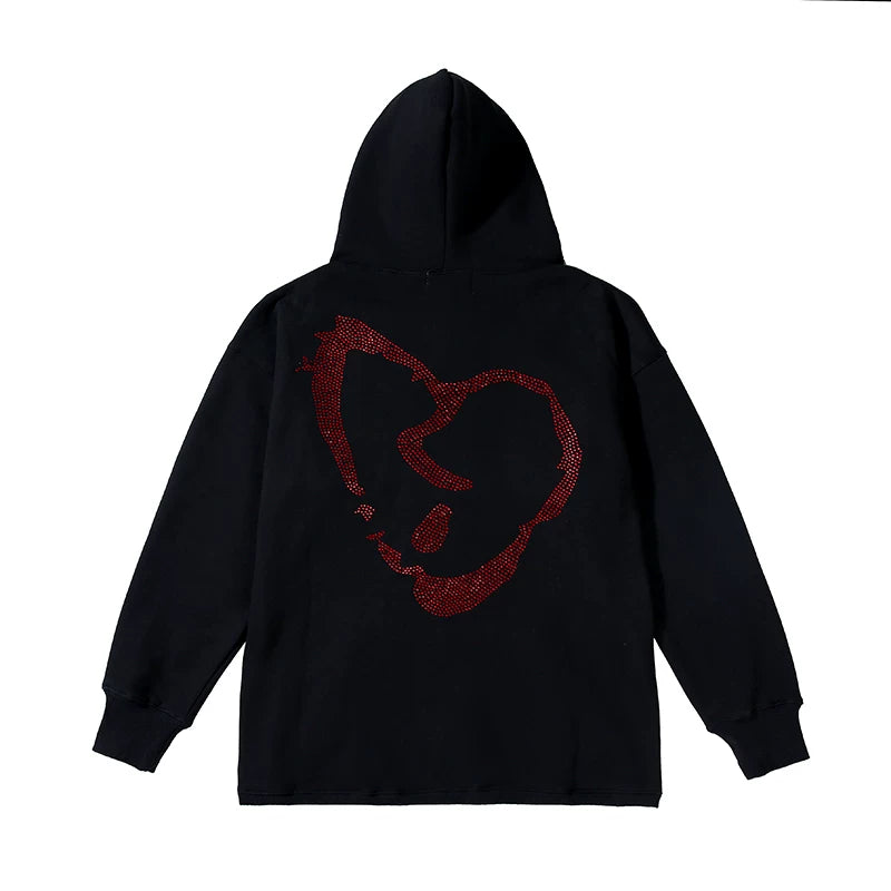 Revenge Diamond Heart Rhinestone Fleece Streetwear Hoodie