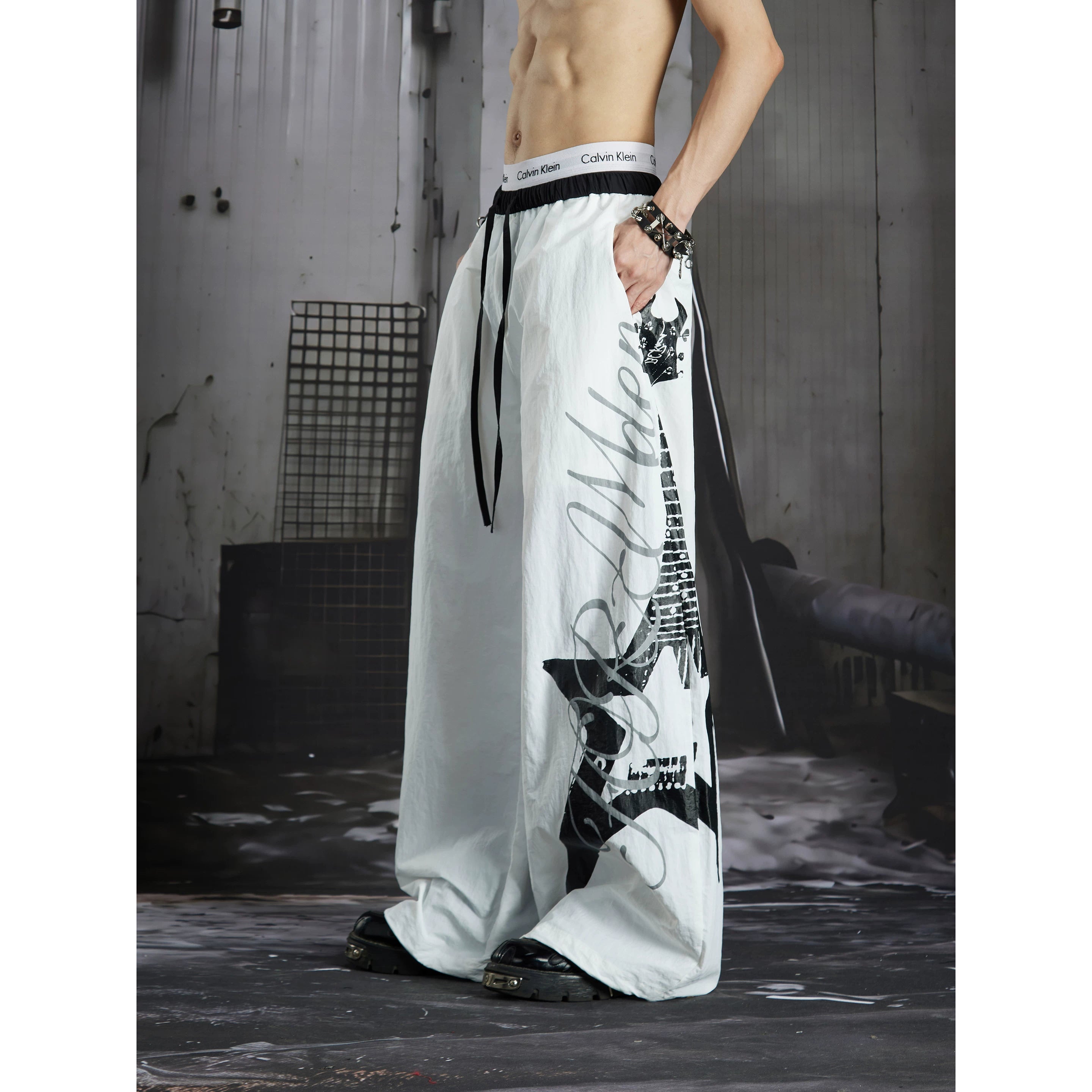 Unmanned island punk electric guitar print light Asian y2k loose wide leg curved knife casual pants long pants for men and women