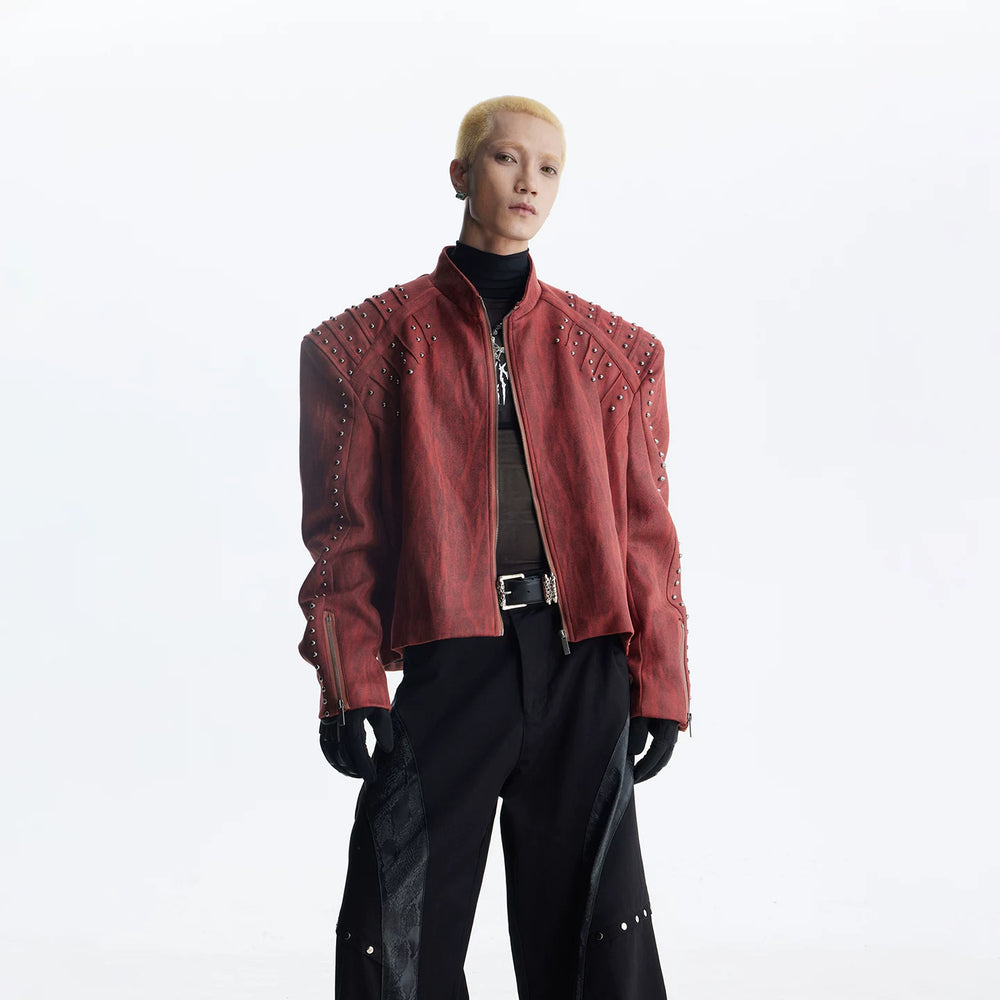Unmanned island dark texture PU frosted texture rivet decoration loose shoulder pad leather jacket zipper jacket jacket