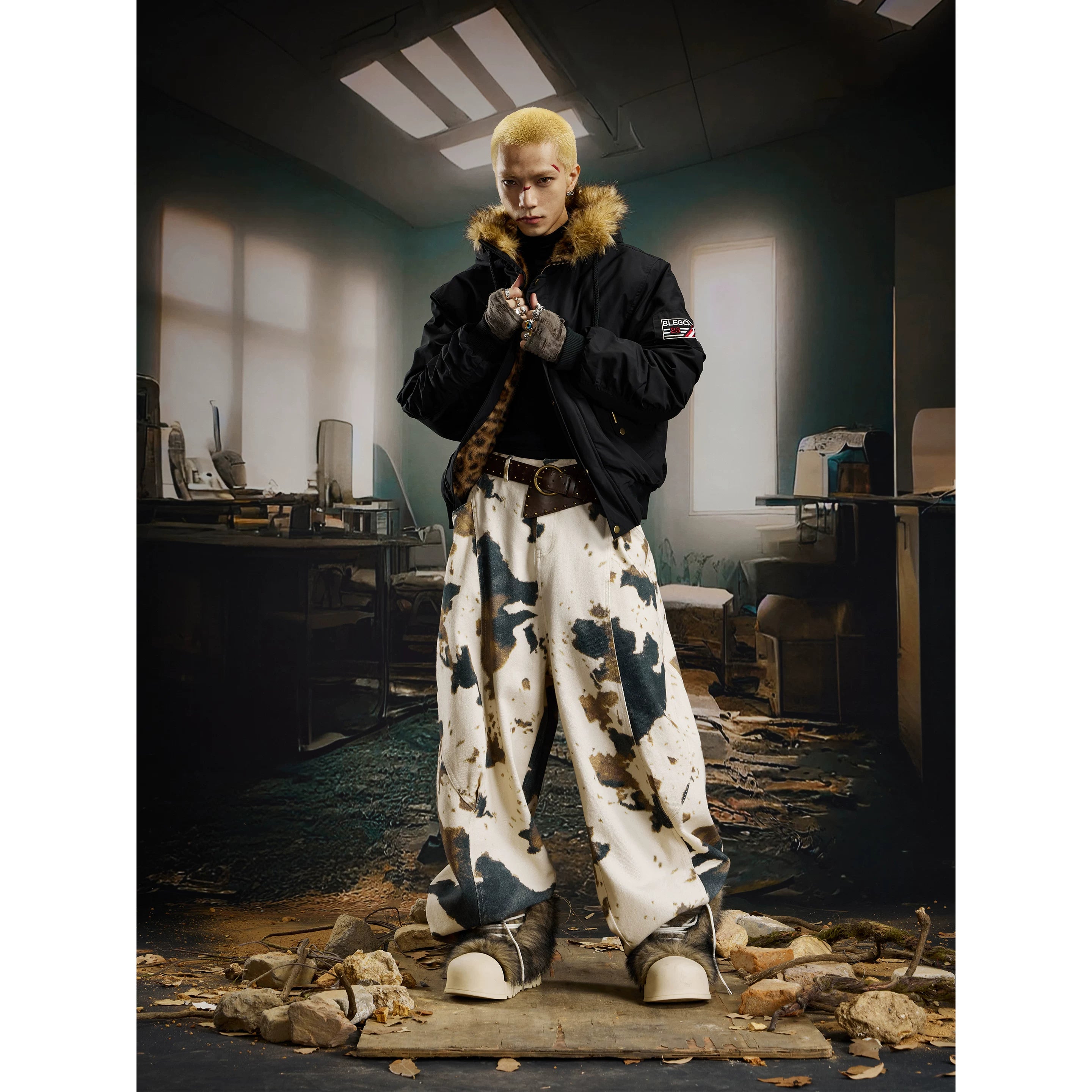 Unmanned Island Leopard Pattern Splicing Hairy Hoodie Mountain Carving Cotton Jacket, Cotton Jacket, Loose Versatile Top