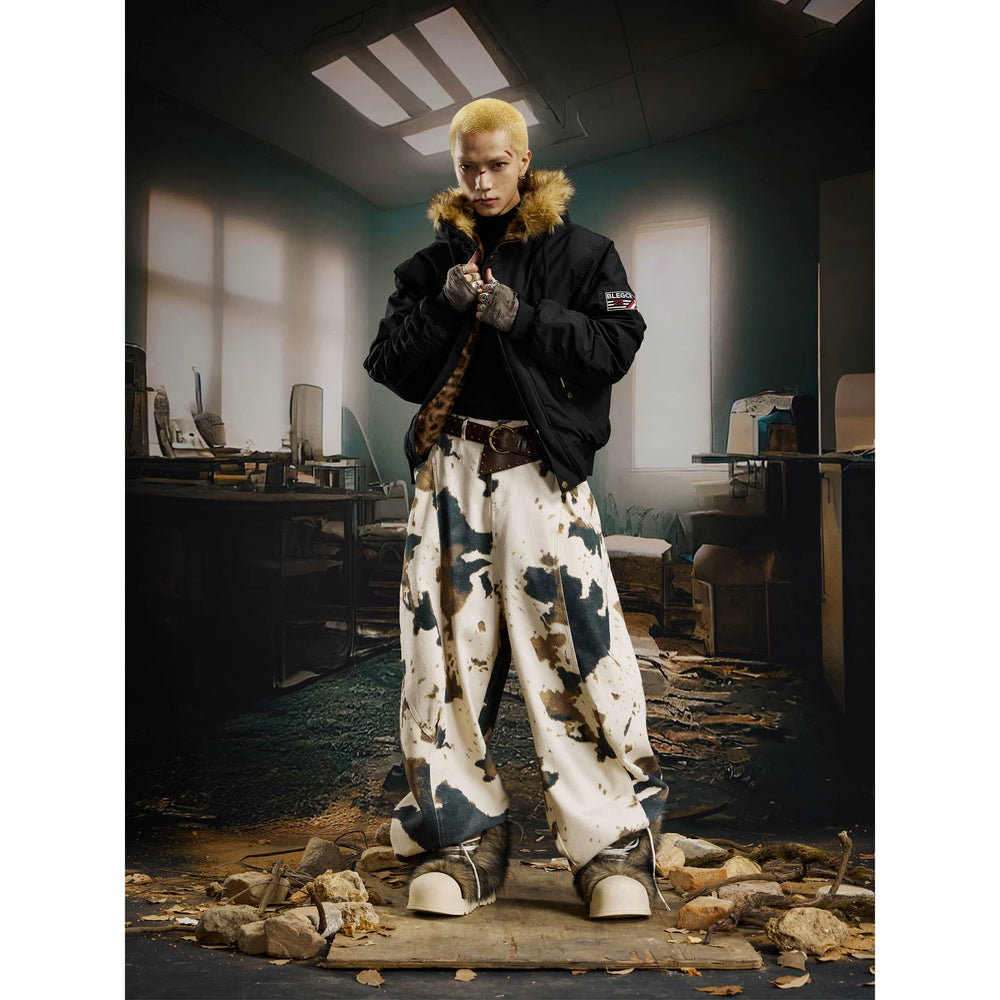 Unmanned Island Leopard Pattern Splicing Hairy Hoodie Mountain Carving Cotton Jacket, Cotton Jacket, Loose Versatile Top