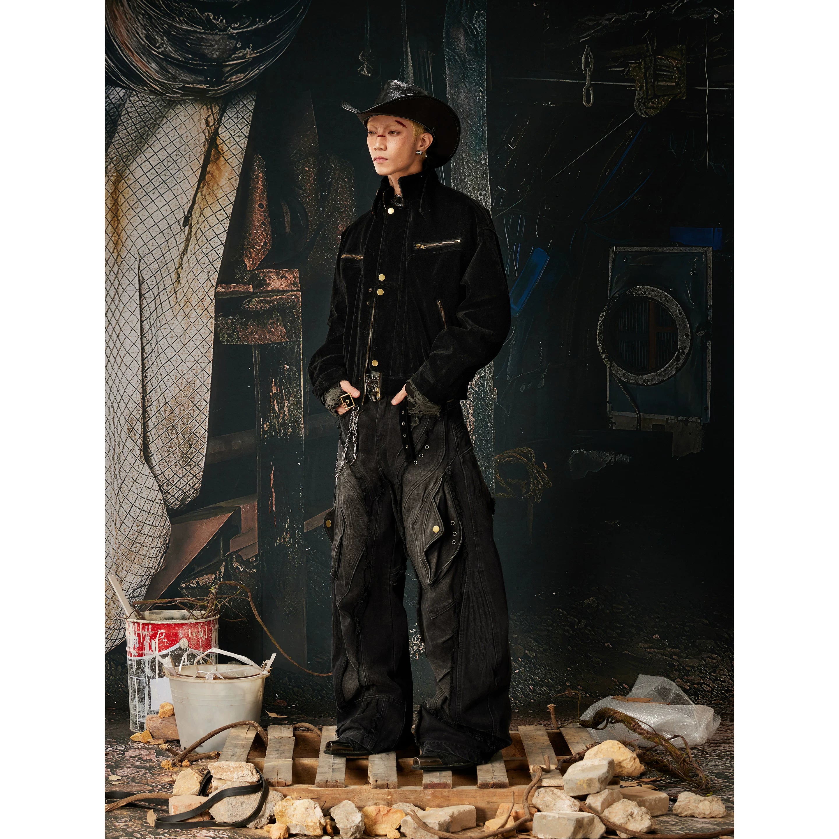 Unmanned Island New Product Plush Deconstructed Front Zipper Button Short Stand up Collar Jacket for Men and Women Spring and Autumn