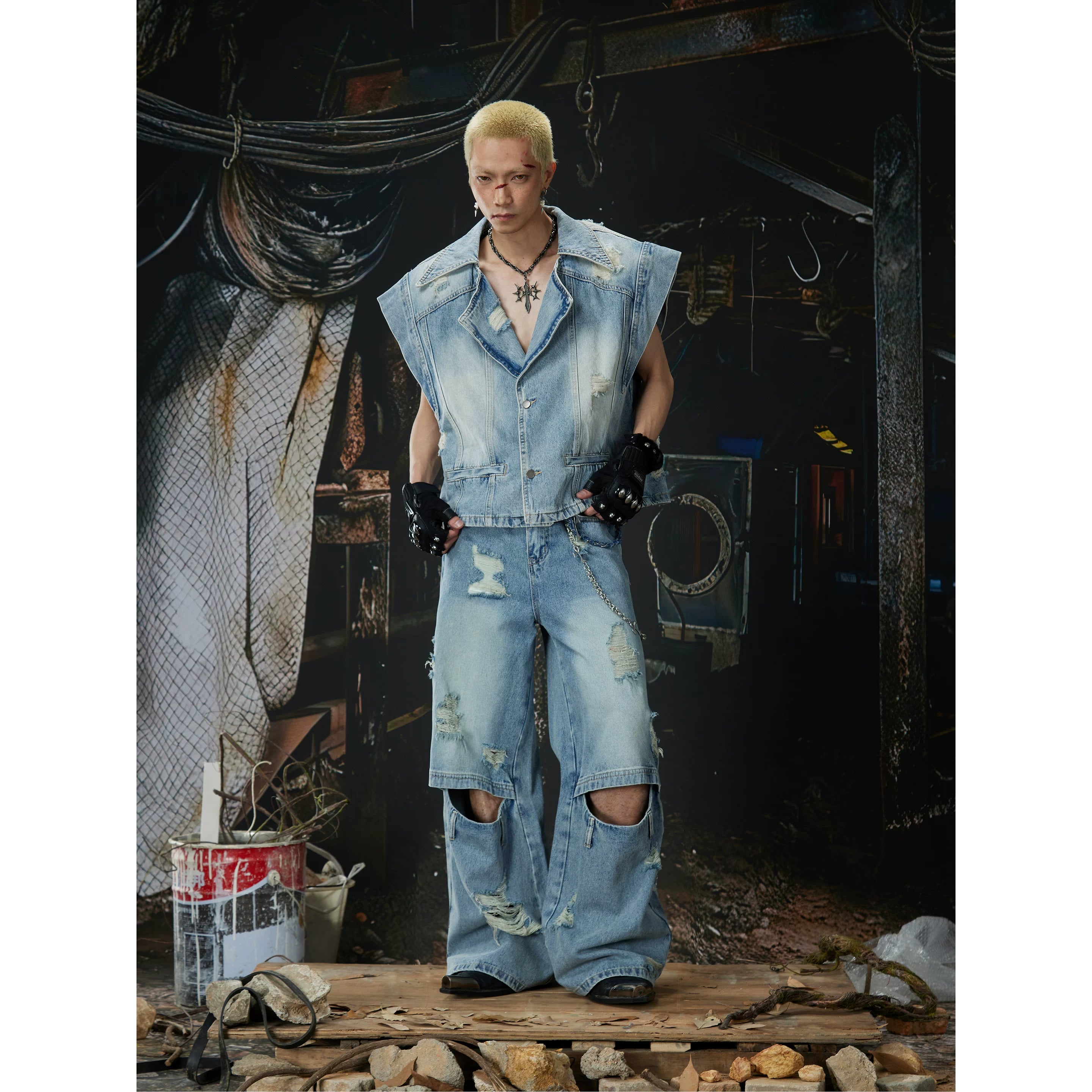 Unmanned Island New Product Light Asia Suit Gun Clash Collar Mix and Match Old Wear and Tear Washed Cowboy Vest Coat