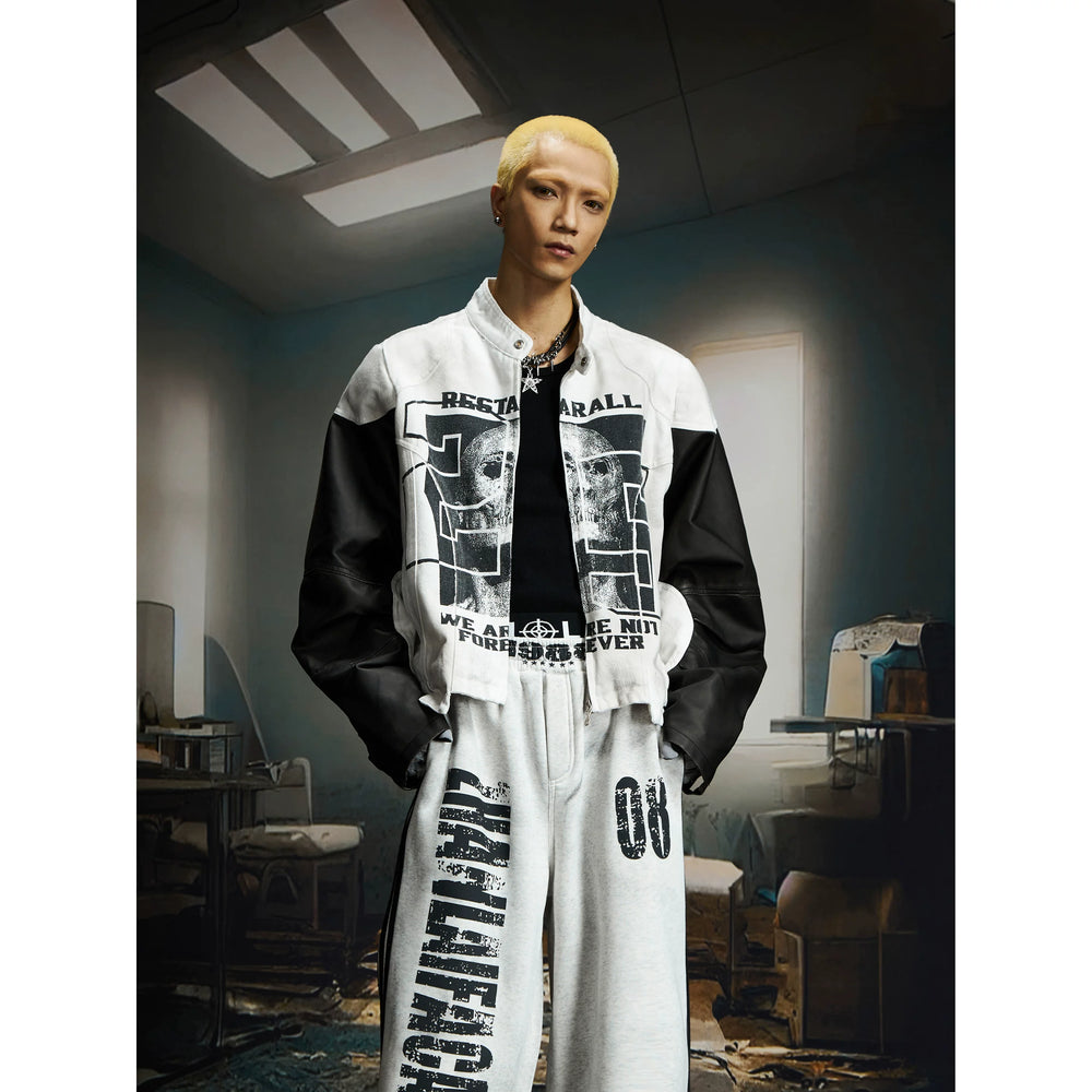 Unmanned island retro washed skull digital print splicing stand up collar PU leather jacket jacket jacket