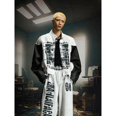 Unmanned island retro washed skull digital print splicing stand up collar PU leather jacket jacket jacket