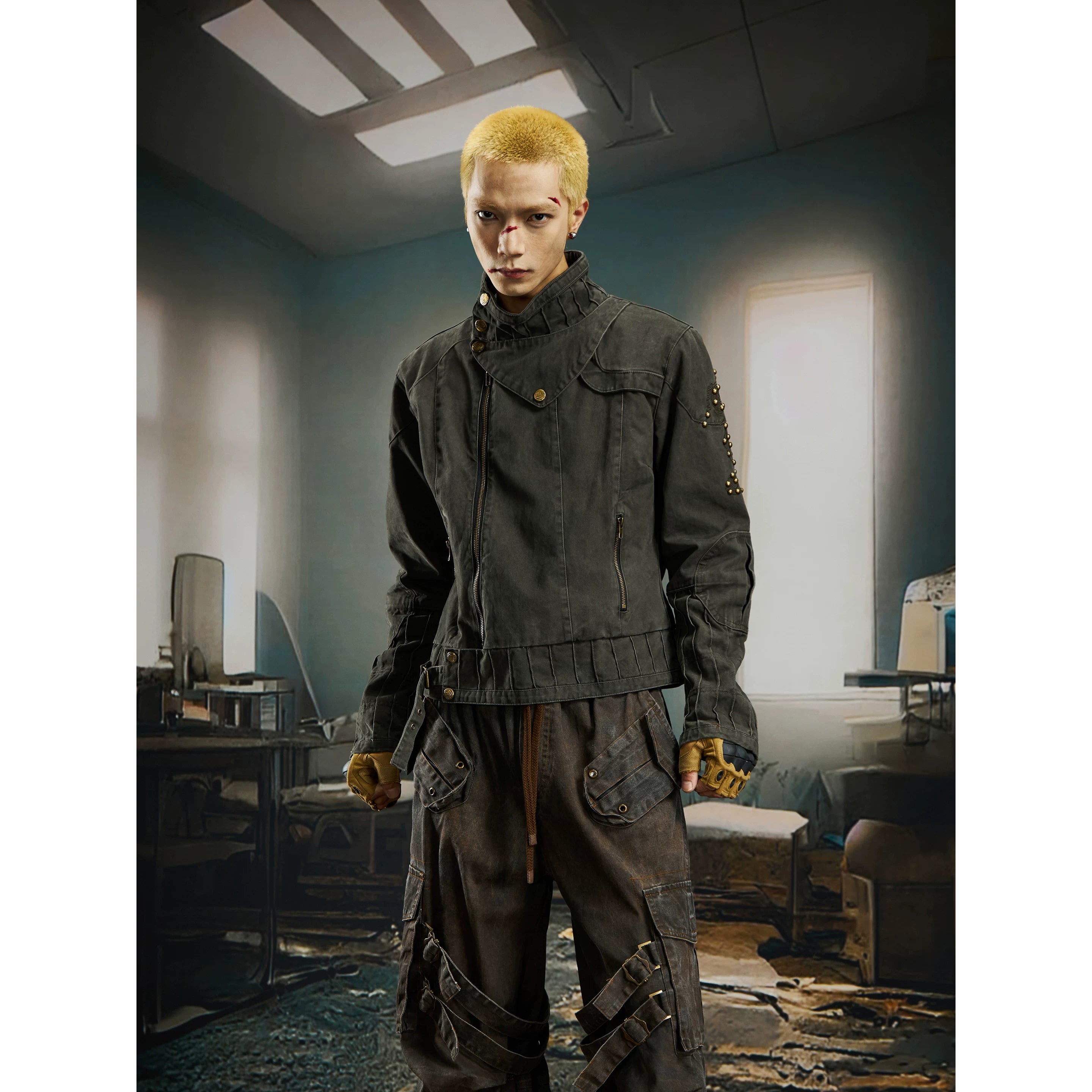 Unmanned island heavy industry, washing water, making old embroidery, antique copper rivets, short denim jacket, jacket, cotton clip for warmth