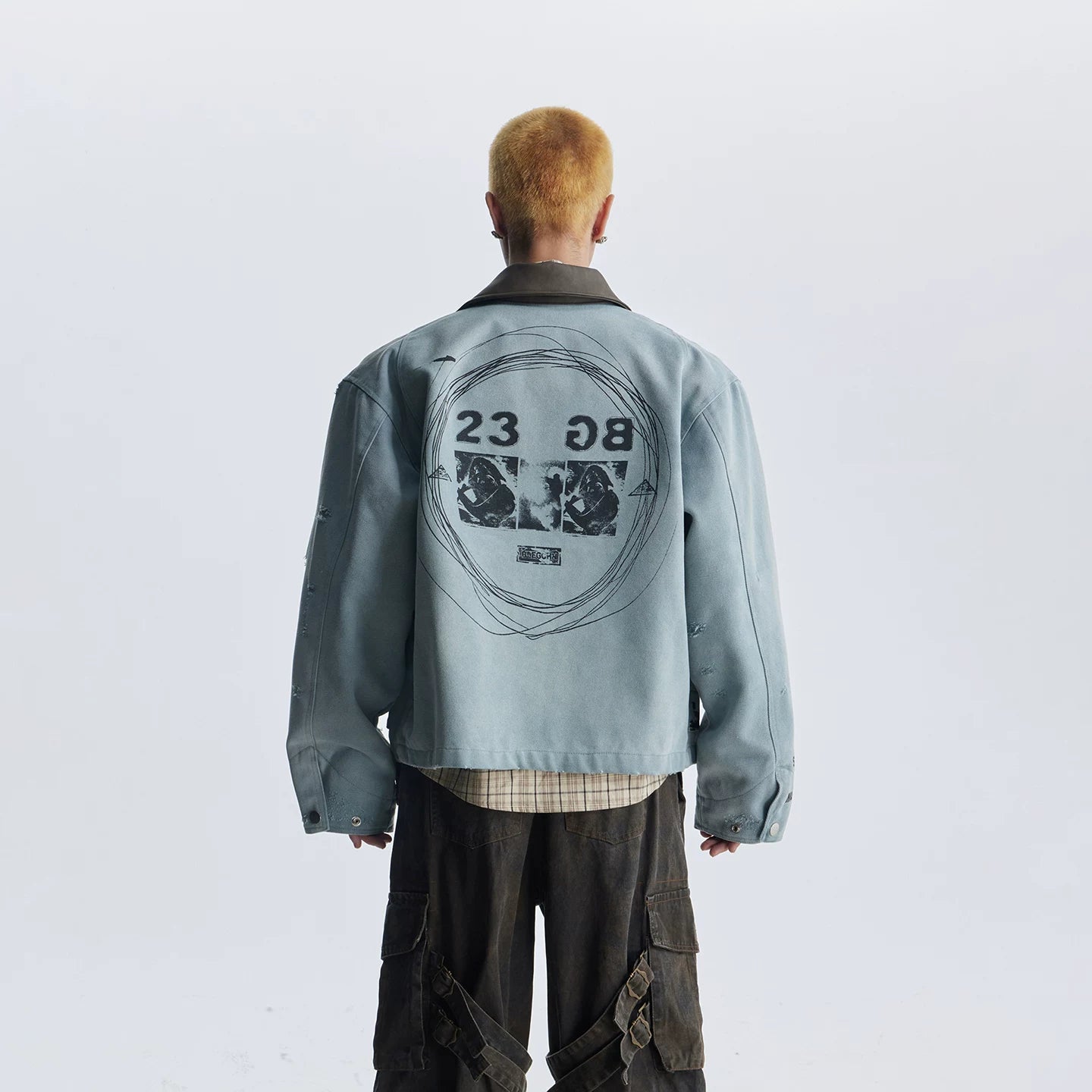Unmanned Island Personalized Retro Double sided Printed Collar Leather Collar Zipper Jacket for Men and Women Trendy