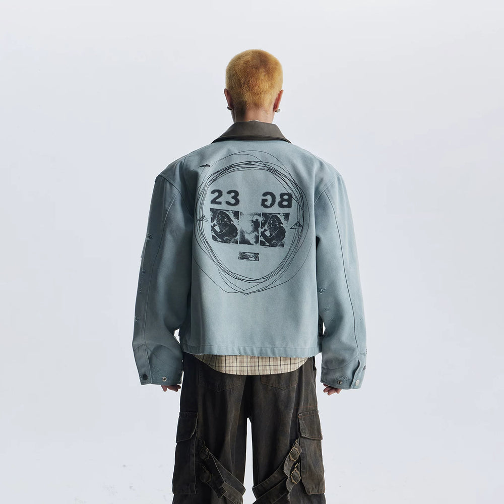 Unmanned Island Personalized Retro Double sided Printed Collar Leather Collar Zipper Jacket for Men and Women Trendy