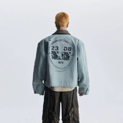 Unmanned Island Personalized Retro Double sided Printed Collar Leather Collar Zipper Jacket for Men and Women Trendy