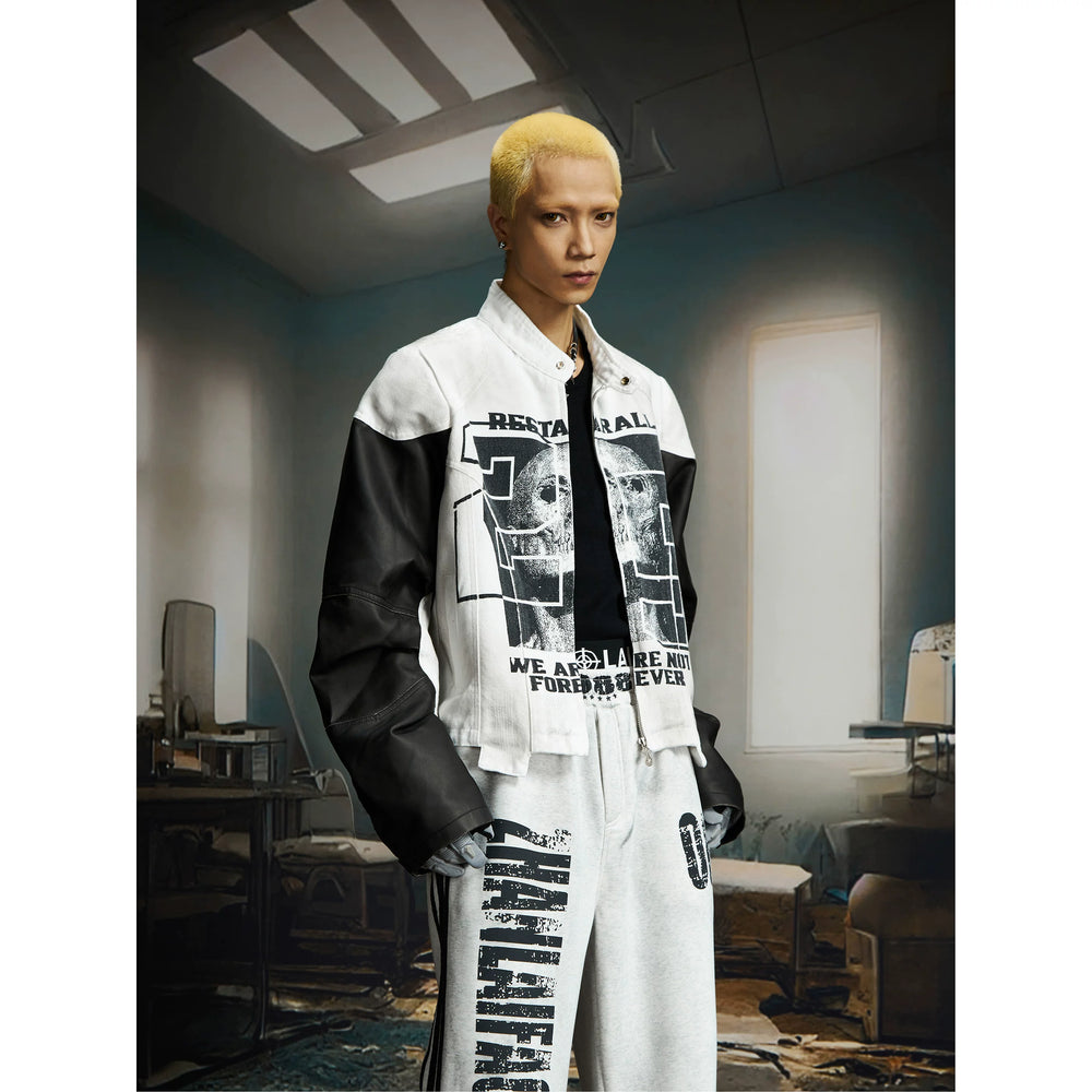 Unmanned island retro washed skull digital print splicing stand up collar PU leather jacket jacket jacket