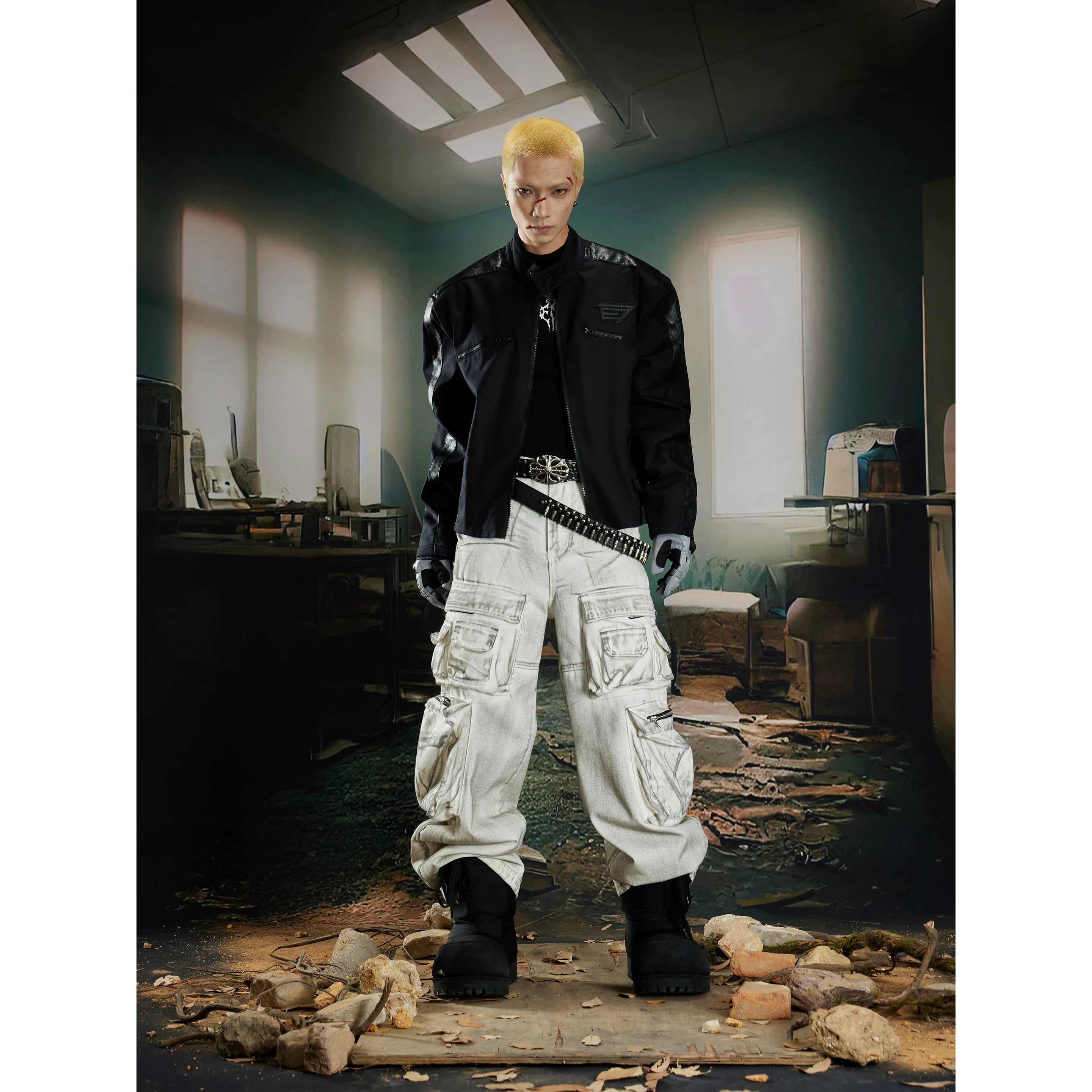 Unmanned island super handsome stand up collar high-end motorcycle jacket with spliced leather, contrasting color, spliced zipper jacket for men and women
