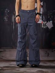 Unmanned island light Asian punk y2k diagonal zipper decoration deconstruction splicing three-dimensional cutting slim fit micro flared pants long pants