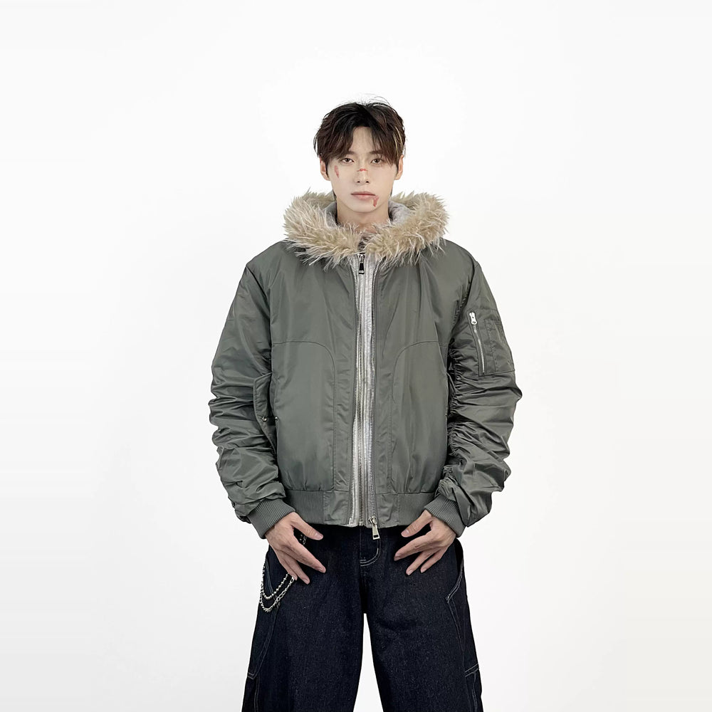 Aknife Winter Short Hair Collar Seat Mountain Carving Fake Two Piece Pilot Jacket