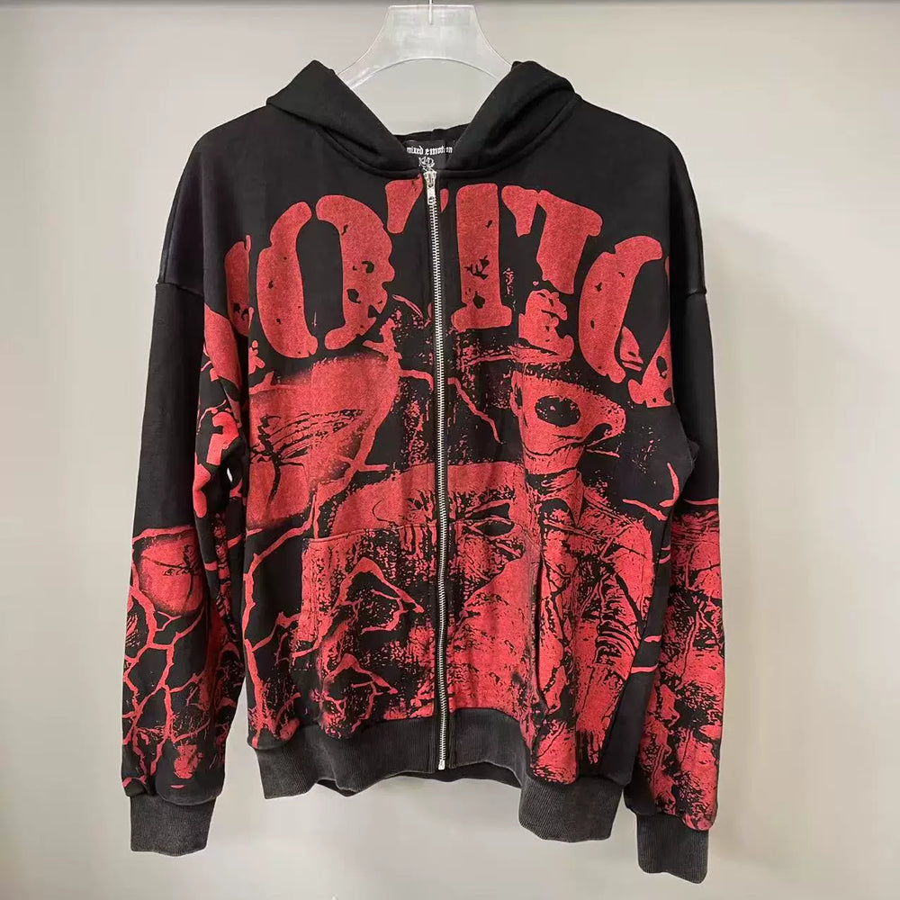 MIXED EMOTION Distressed Allover Print Zip Hoodie